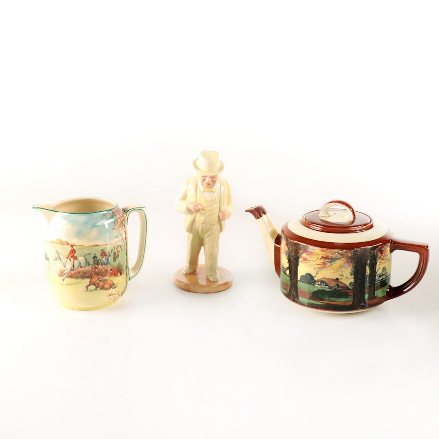 Royal Doulton "Fox Hunting" Jug with Winston Churchill Figurine and Teapot
