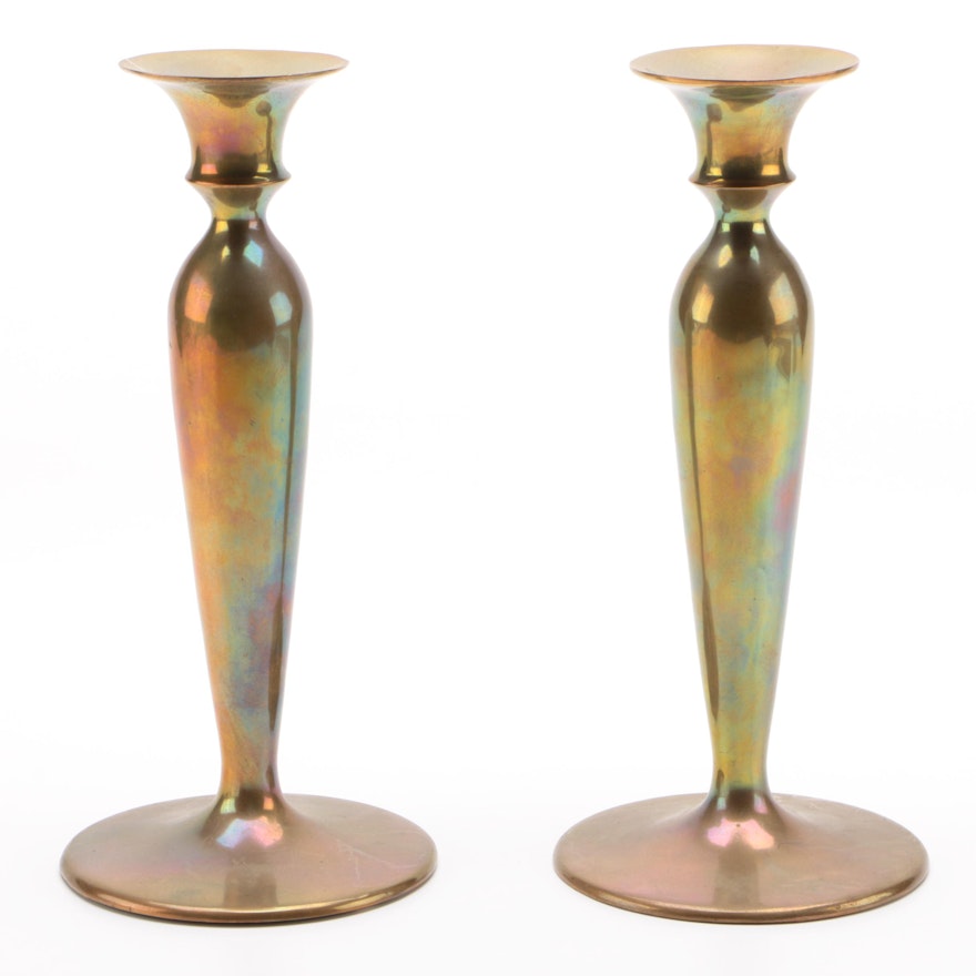 Solid Cast Brass Candlestick Pair with Iridescent Finish, Early 20th Century