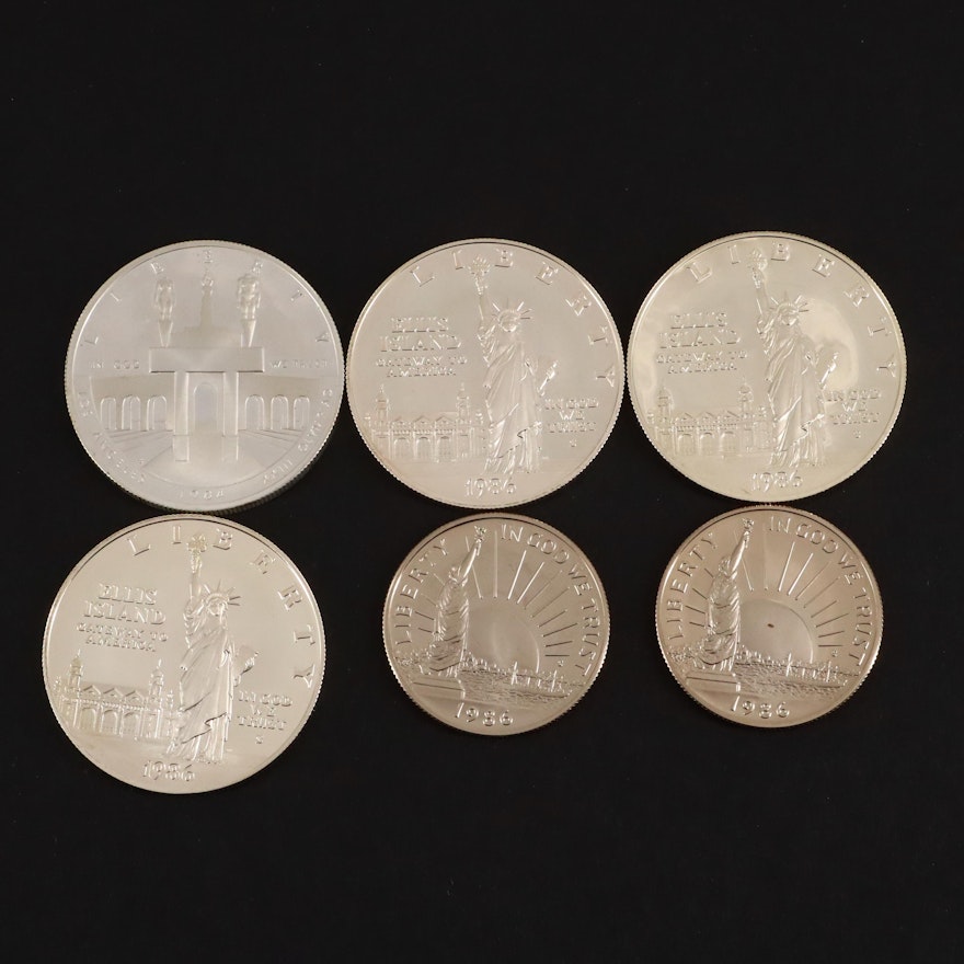 Six Modern Proof Commemorative Coins, Including Four Silver Dollars