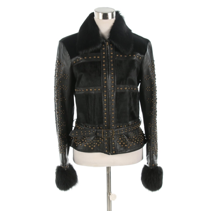 Caché Studded Black Leather and Calf Hair Belted Jacket with Faux Fur Trim