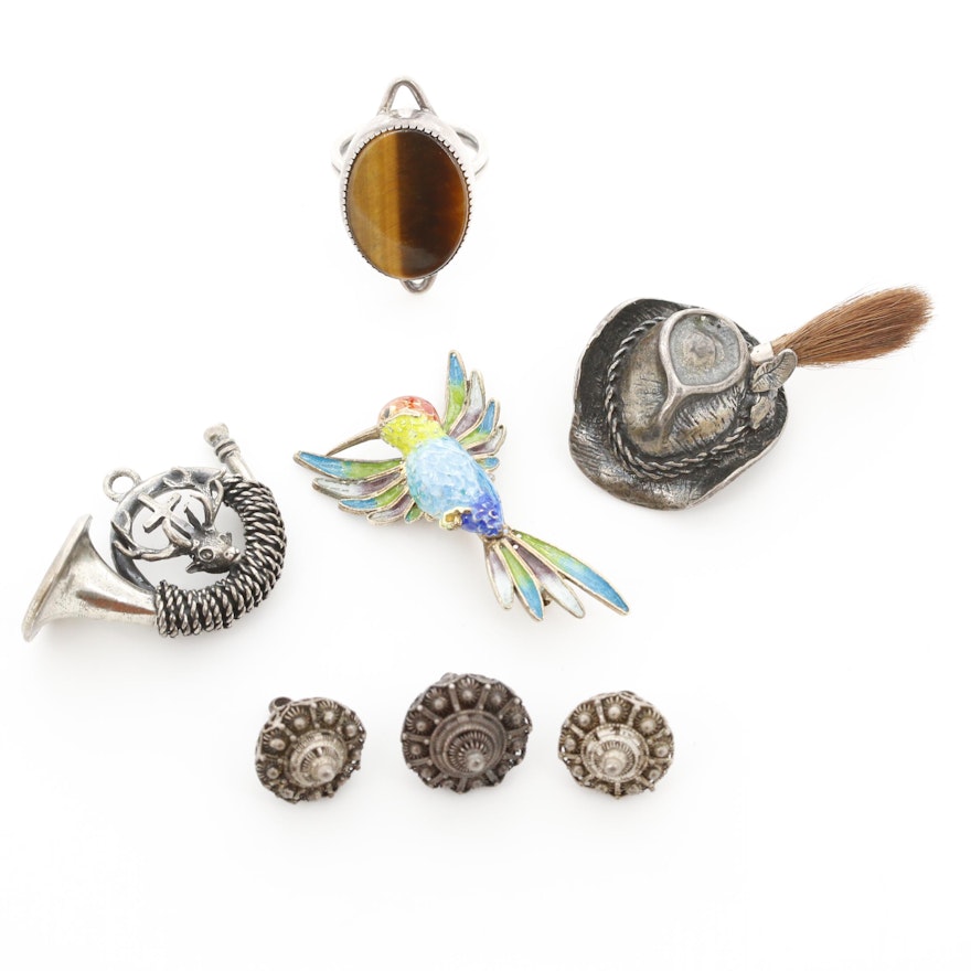 Sterling Charms, Pendants Including Tiger's Eye Ring and Humming Bird Brooch