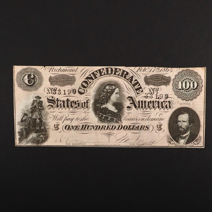 An 1864 $100 Confederate States of America Obsolete Banknote