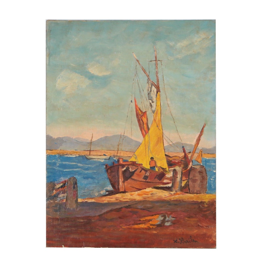 Xavier J. Barile Oil Painting of a Boat at Dock