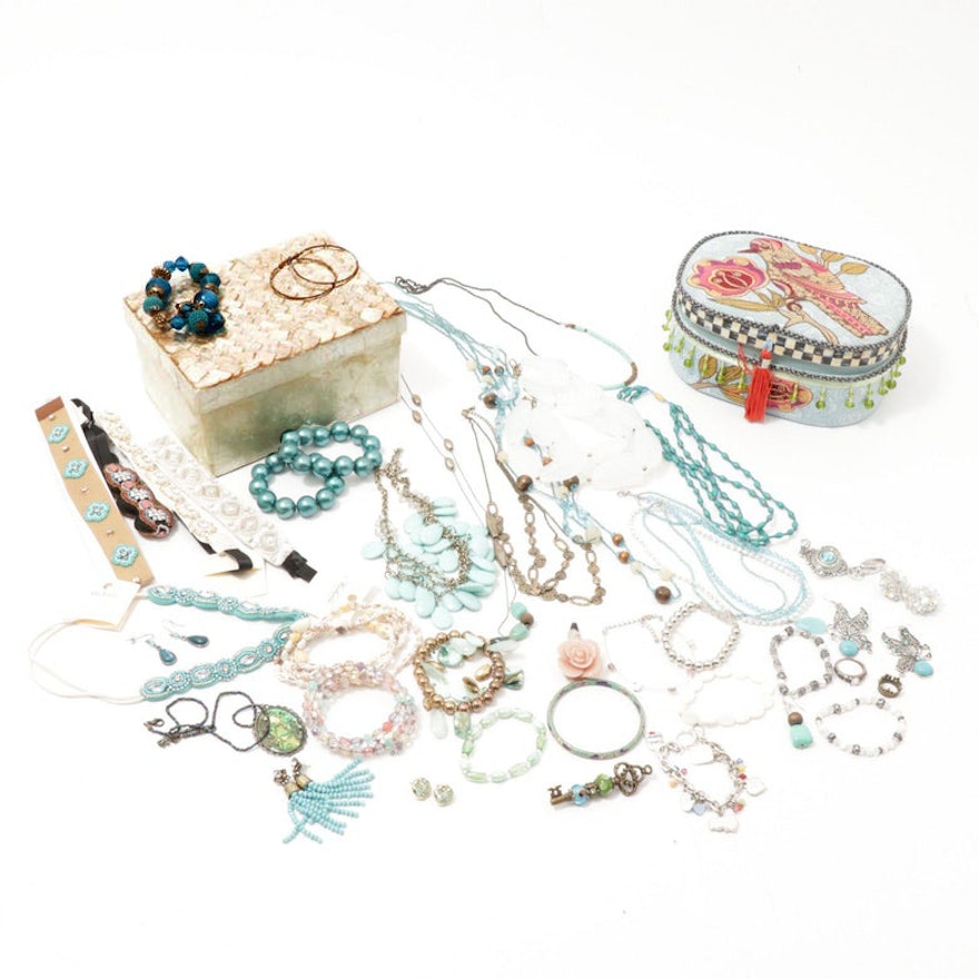 Capiz Shell and Embroidered Jewelry Boxes with Beaded Jewelry Assortment
