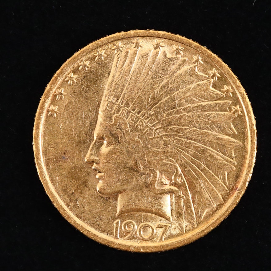 A 1907 Indian Head $10 Gold Eagle, No Motto Variety