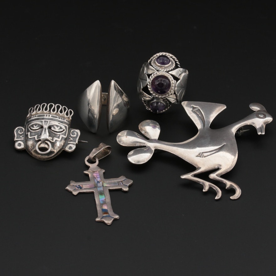 Mexican Sterling Brooches, Rings and Pendants Featuring Los Ballesteros