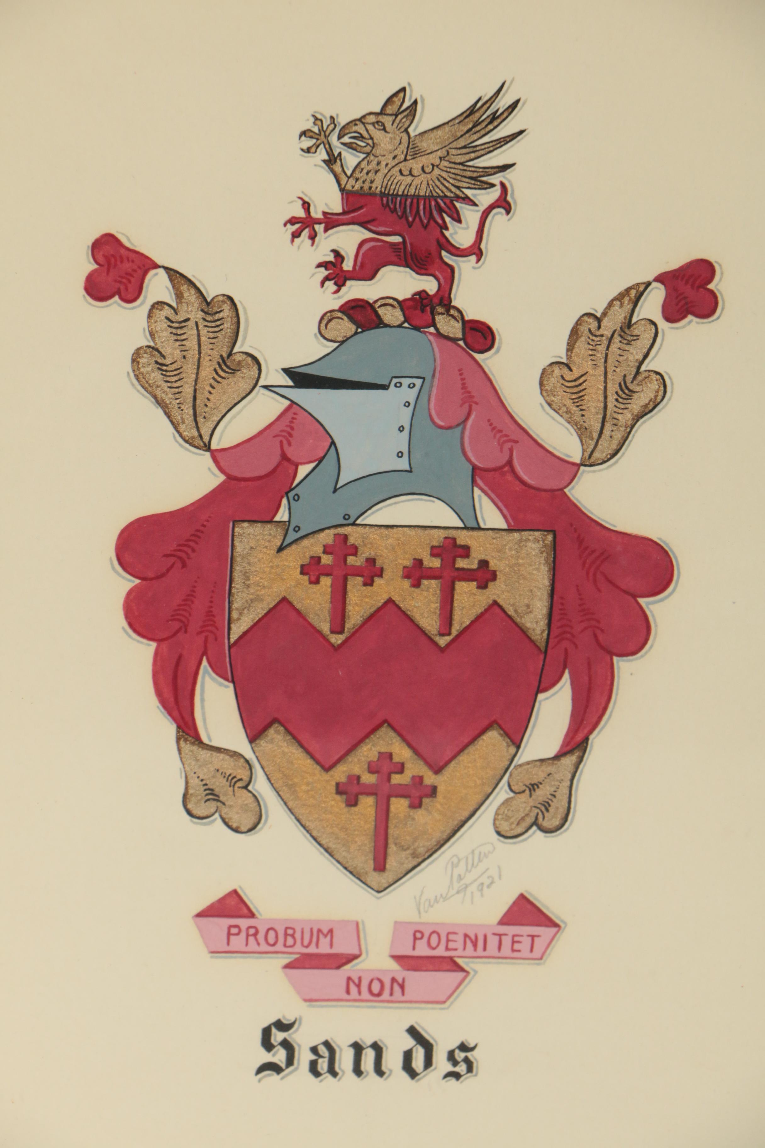 Sands Coat of Arms Gouache Painting, 1921