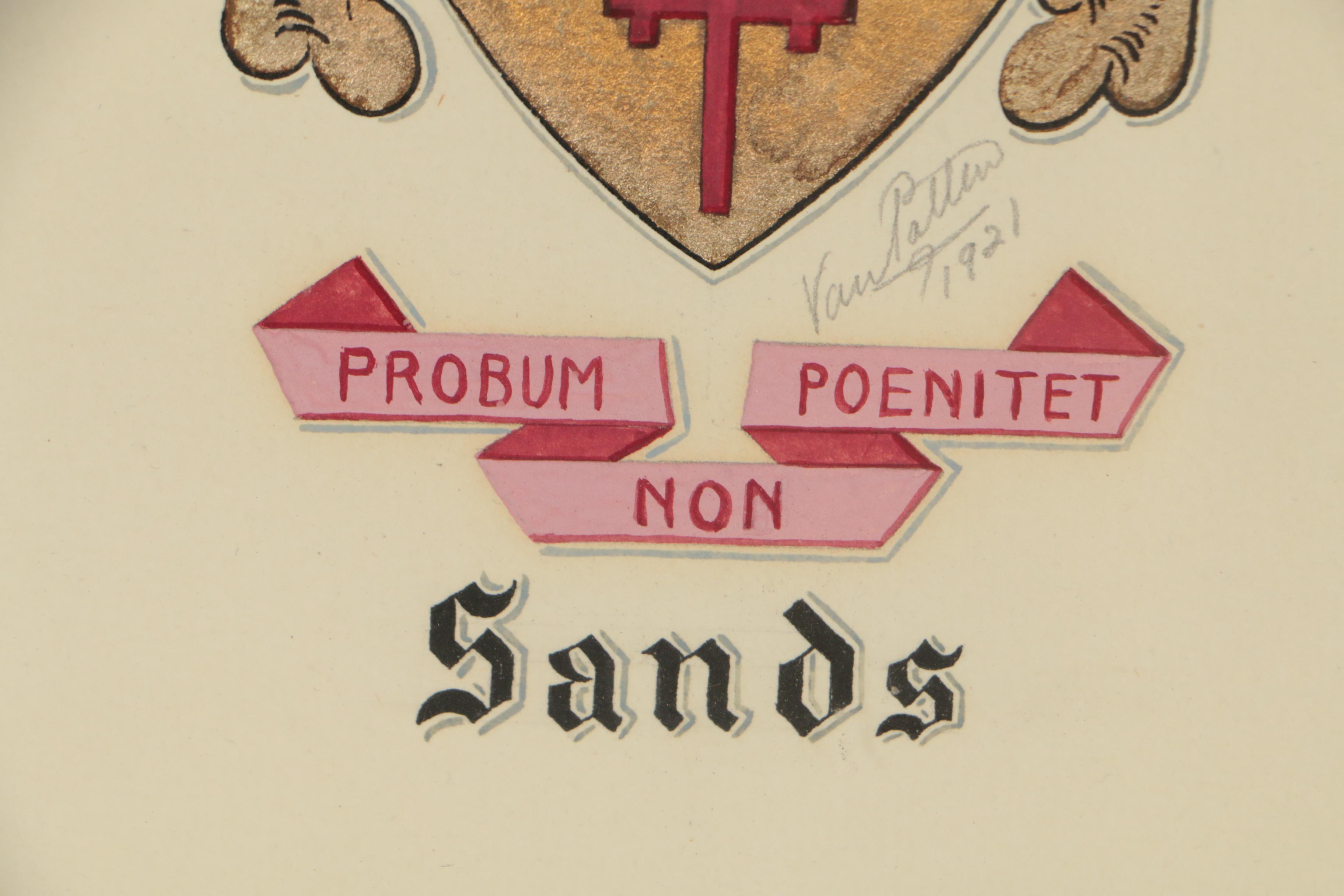 Sands Coat of Arms Gouache Painting, 1921