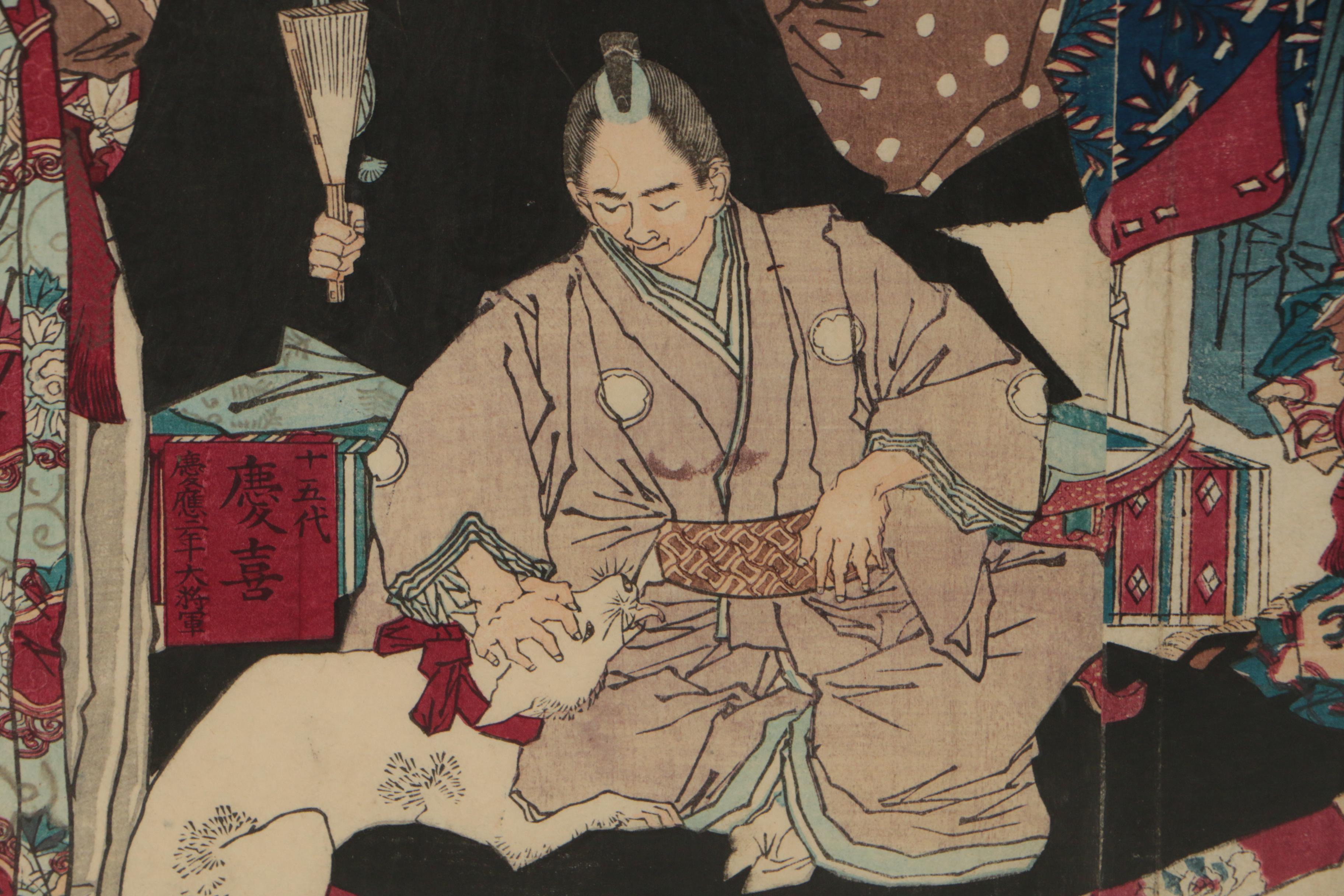 Tsukioka Yoshitoshi Triptych Woodblock Print "Rulers of the Tokugawa Clan", 1881