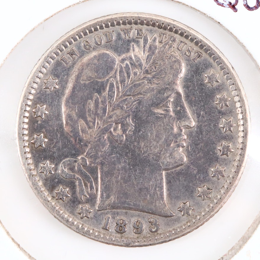 An 1893-O Barber Silver Quarter