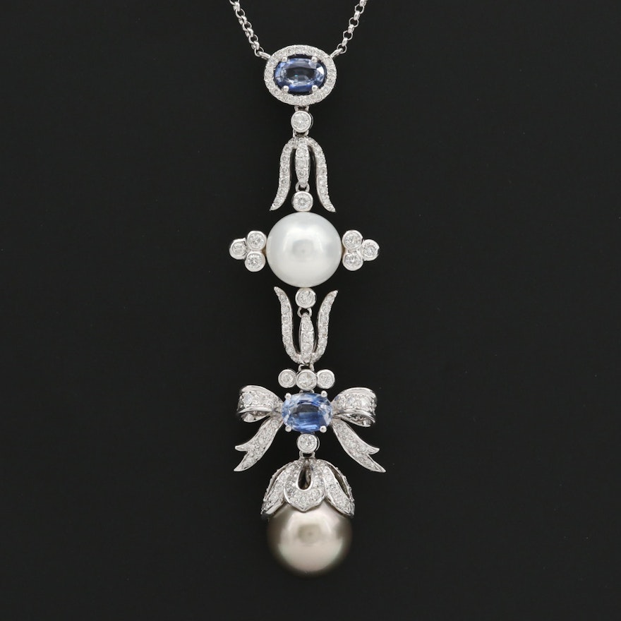14K White Gold Cultured Pearl, Blue Sapphire and 1.81 CTW Diamond Necklace