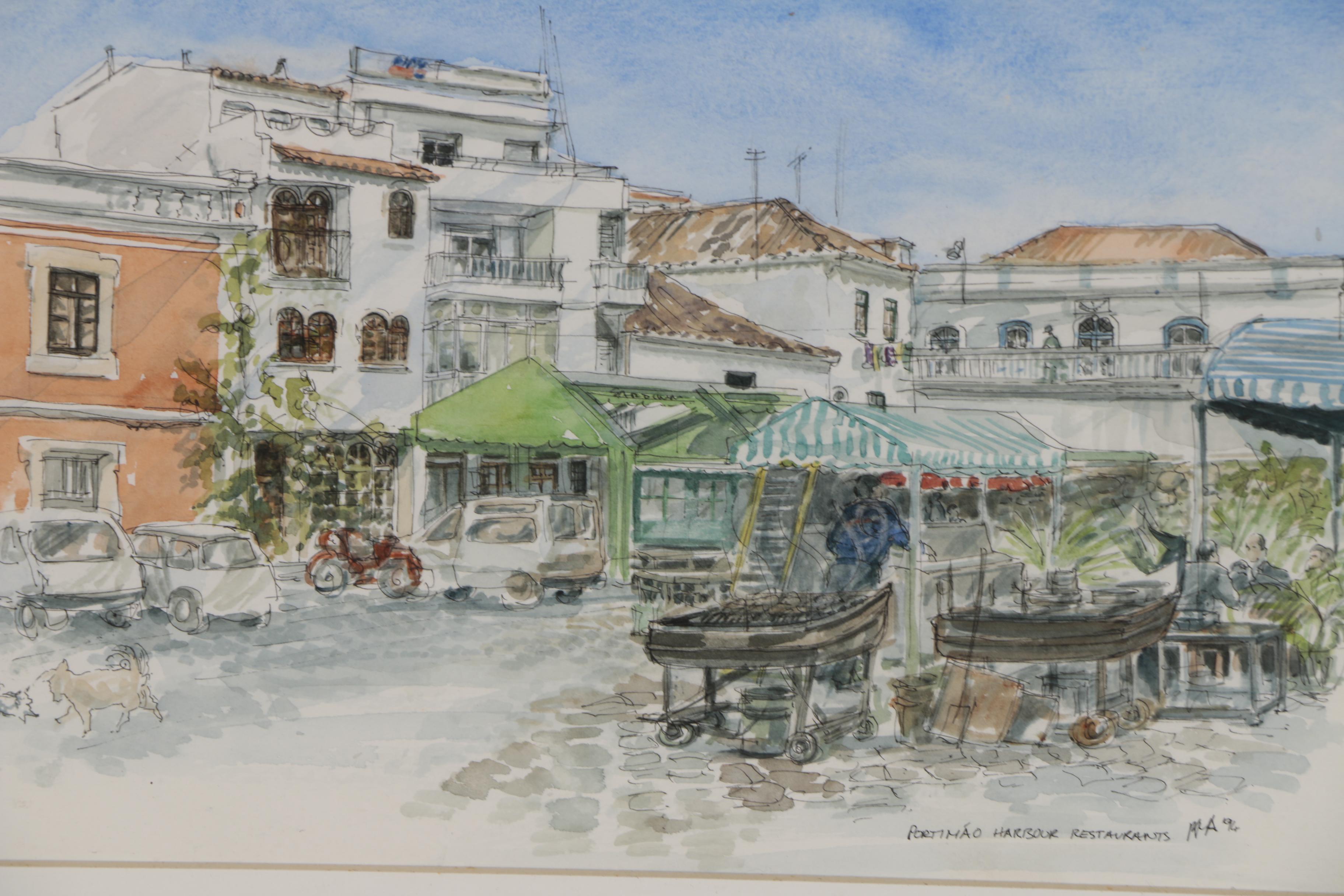 "Portimao Harbour Restaurants" Watercolor Painting