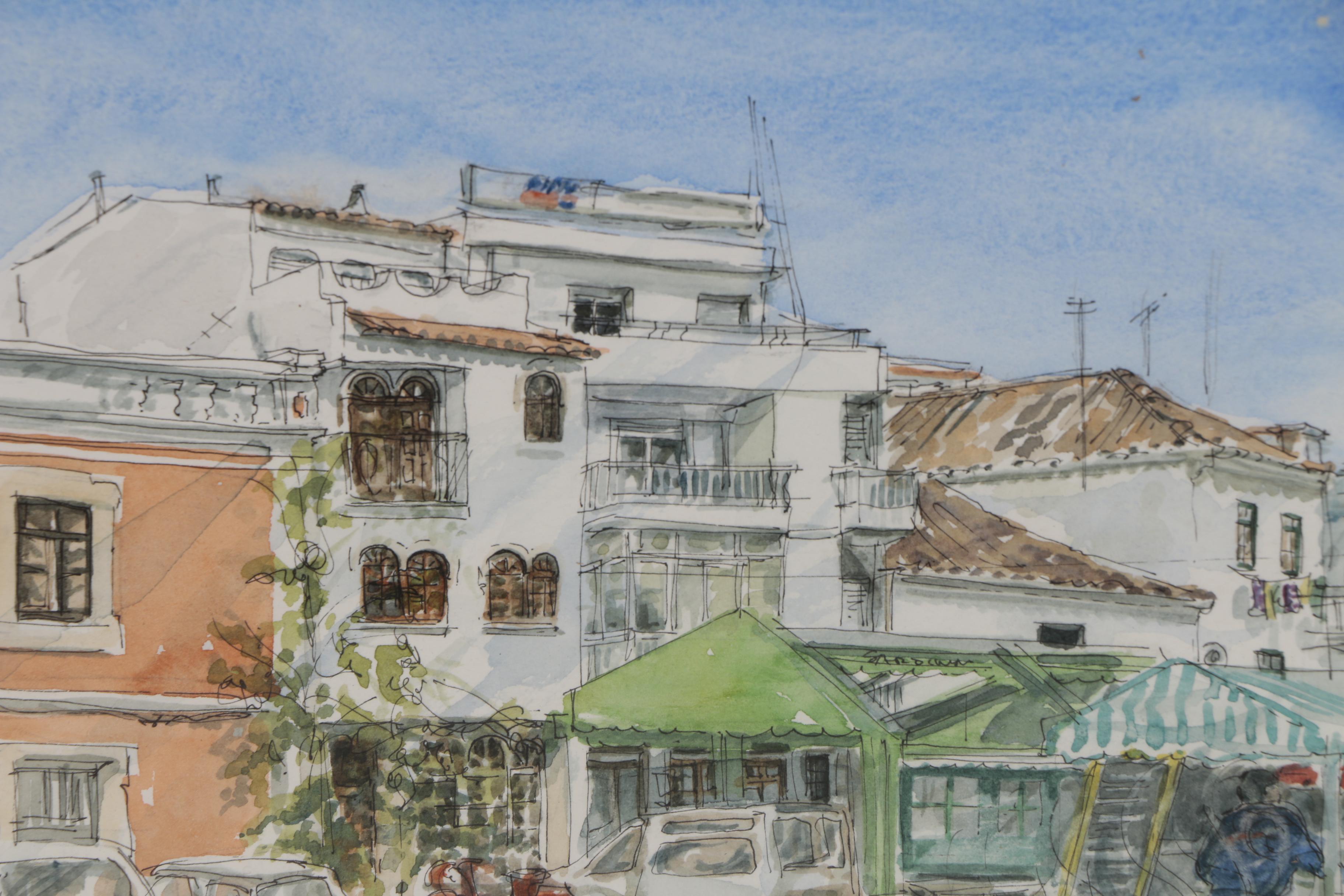 "Portimao Harbour Restaurants" Watercolor Painting