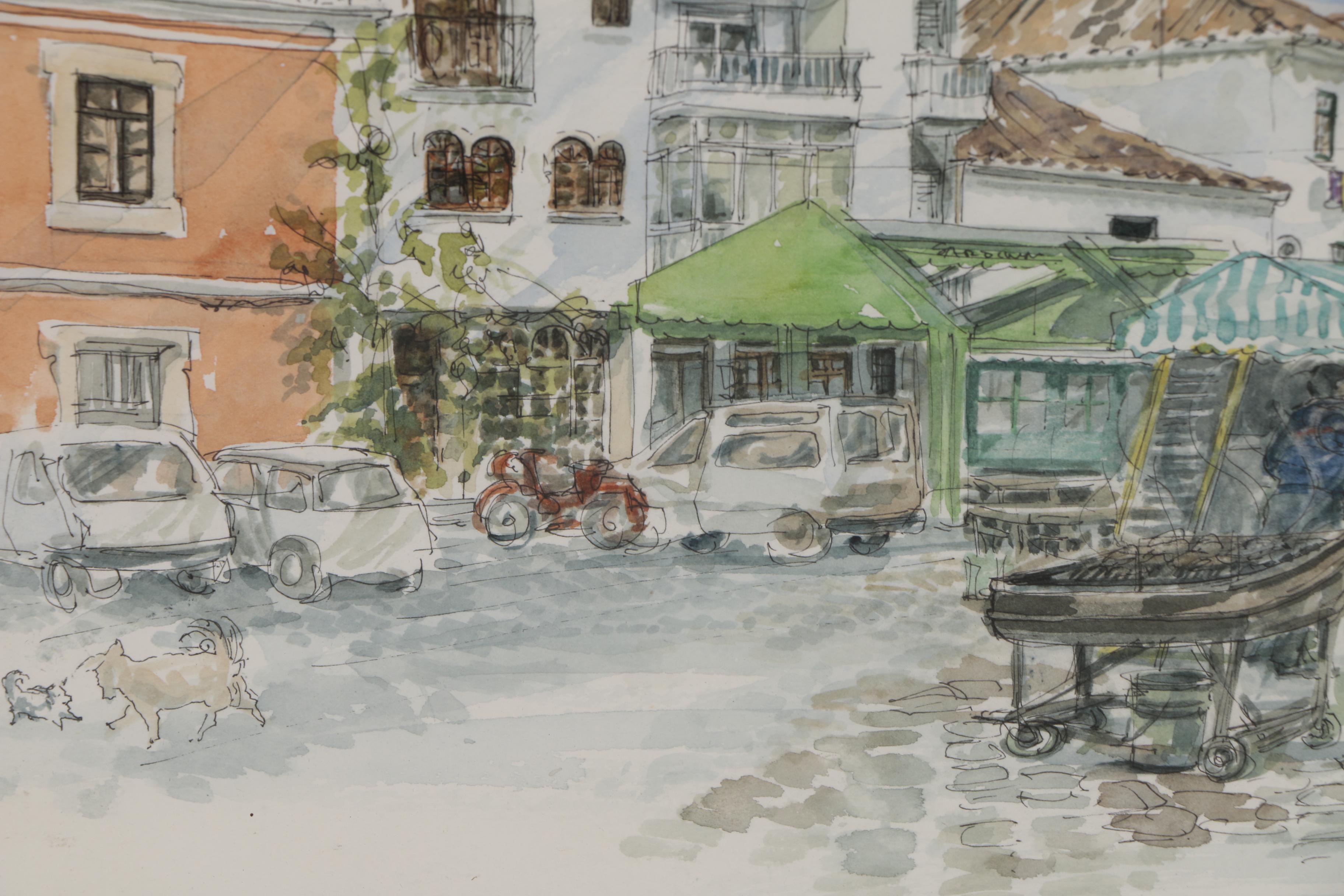 "Portimao Harbour Restaurants" Watercolor Painting