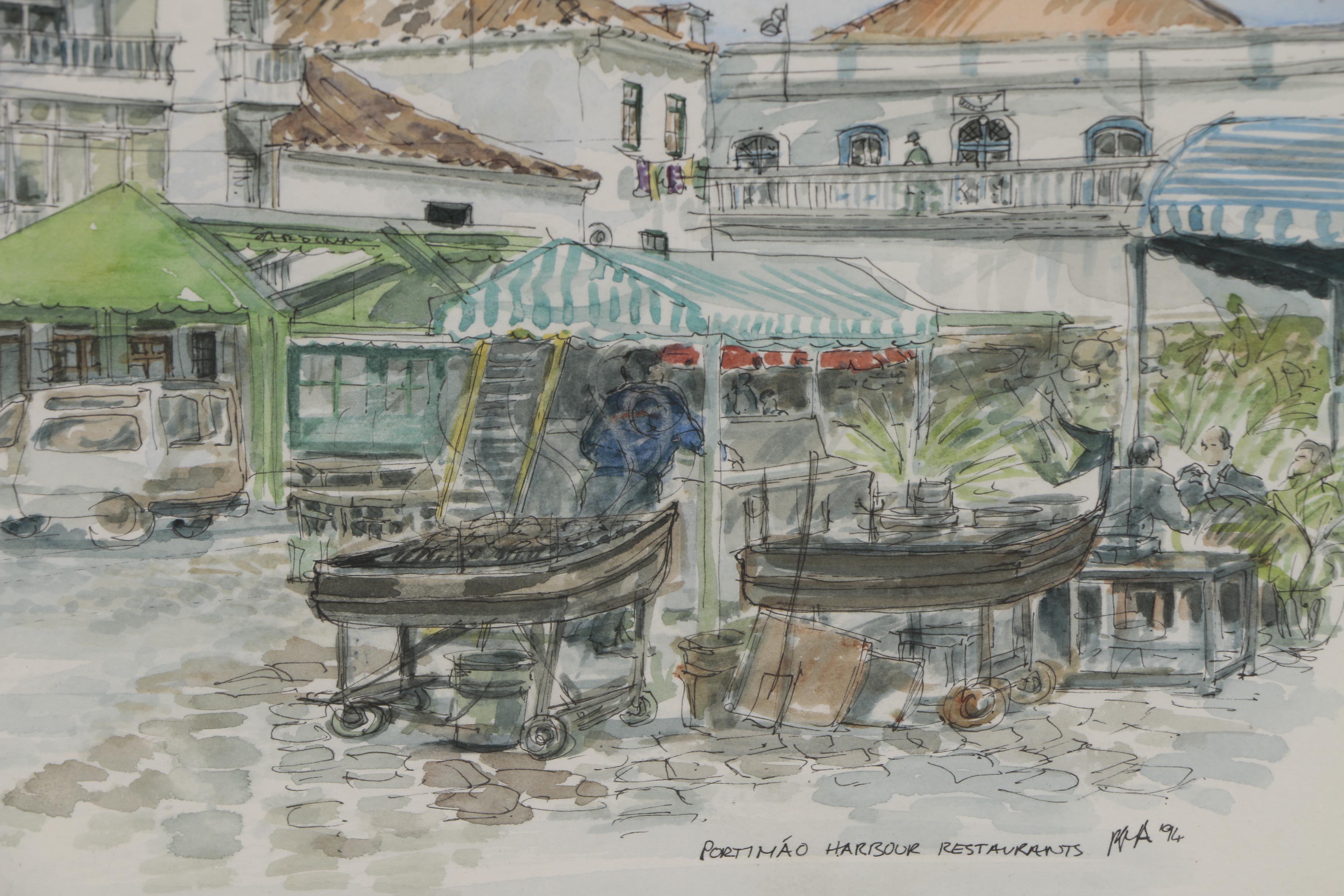 "Portimao Harbour Restaurants" Watercolor Painting