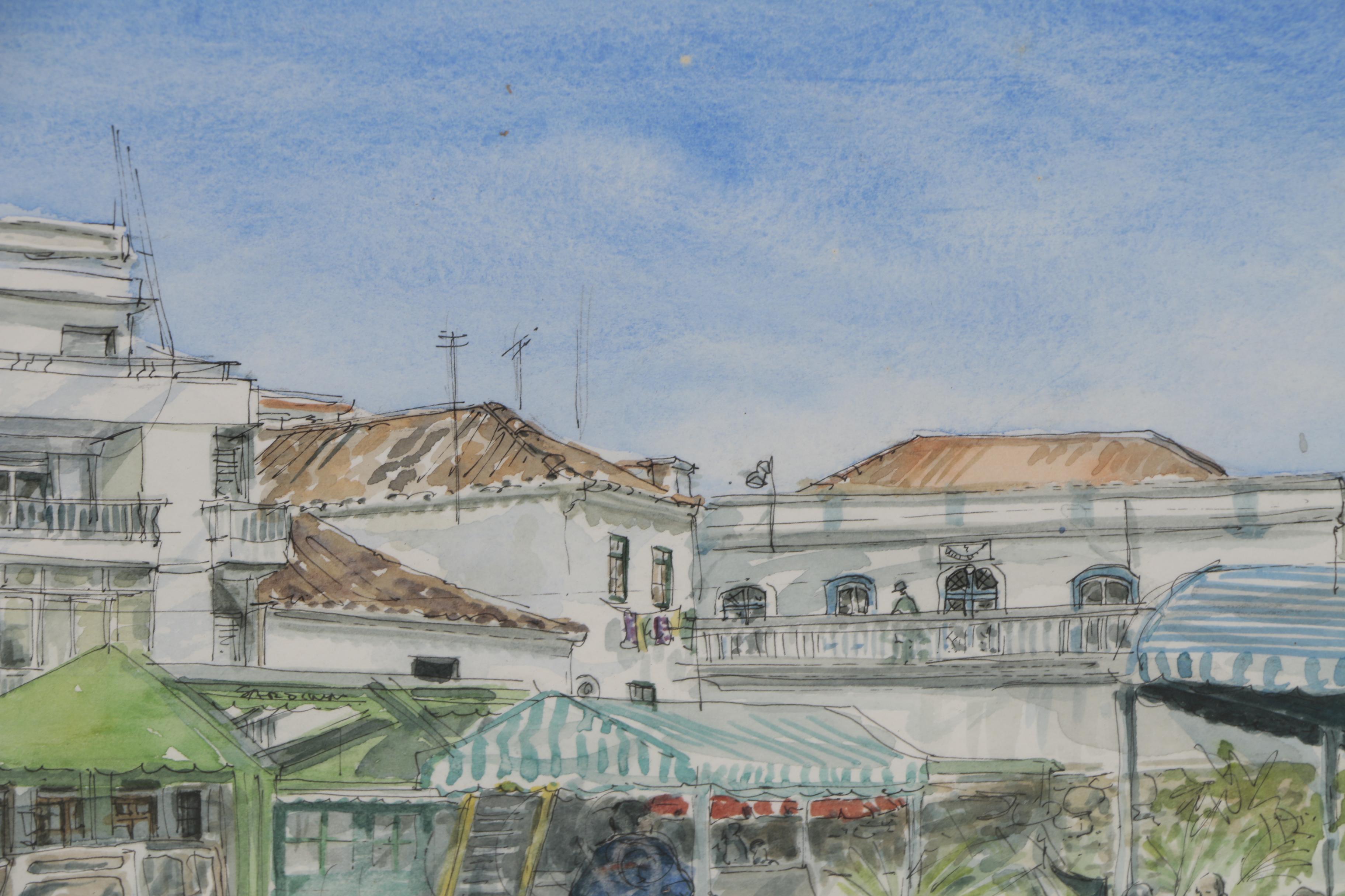 "Portimao Harbour Restaurants" Watercolor Painting