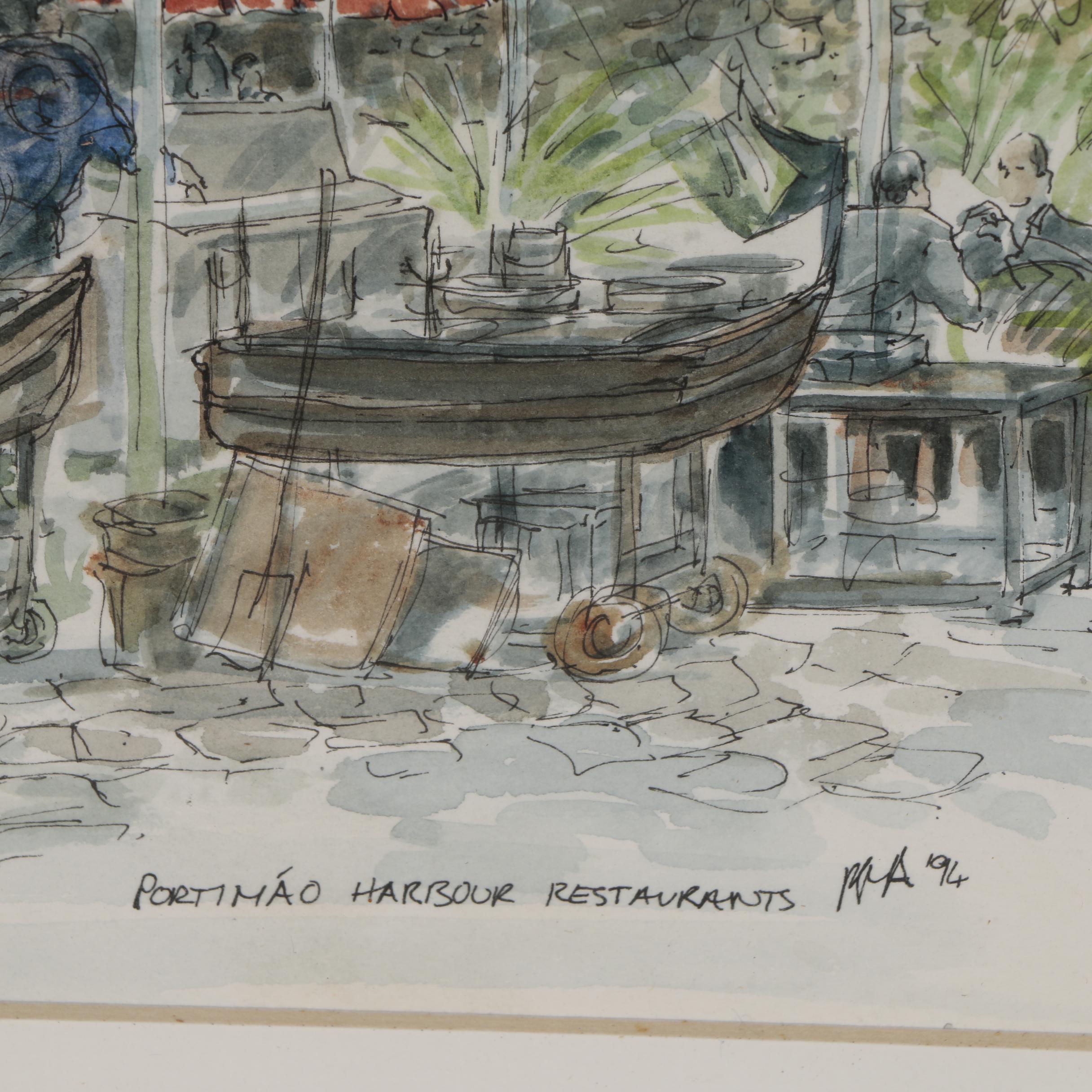 "Portimao Harbour Restaurants" Watercolor Painting