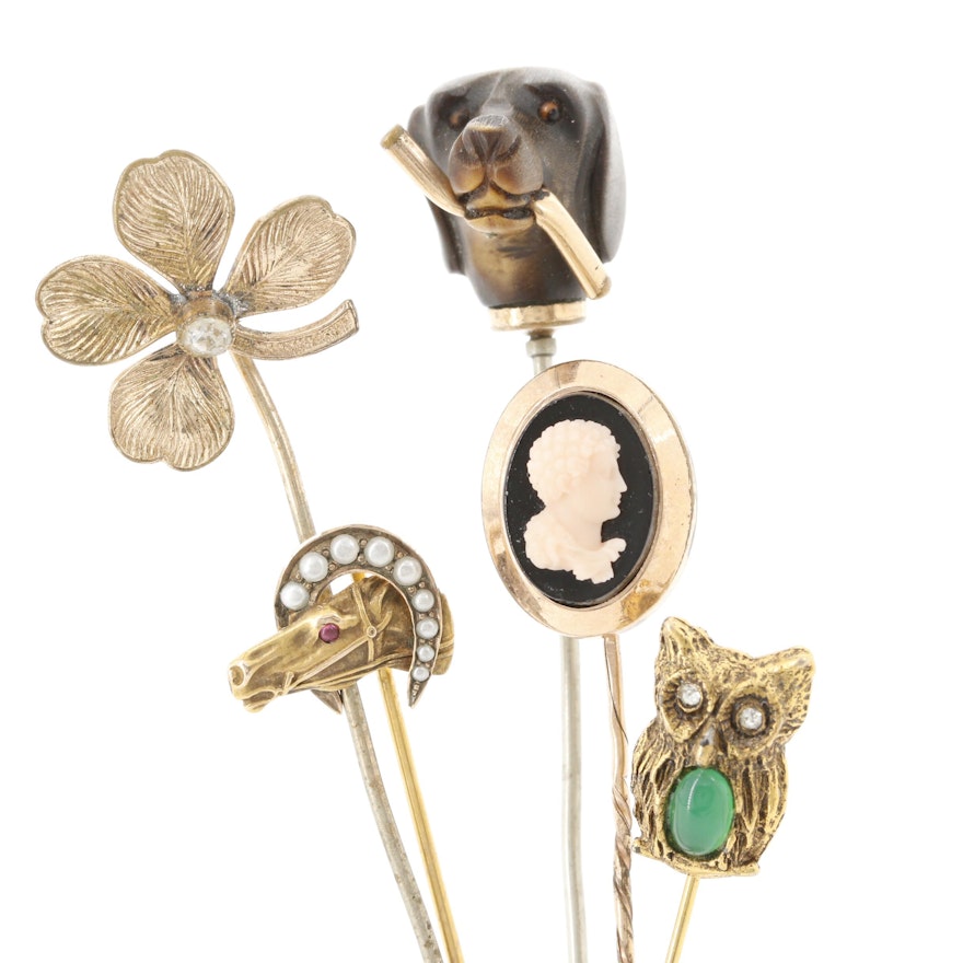 10K Gold Pearl and Glass Horse Pin with Dog, Four Leaf Clover and Cameo Pins