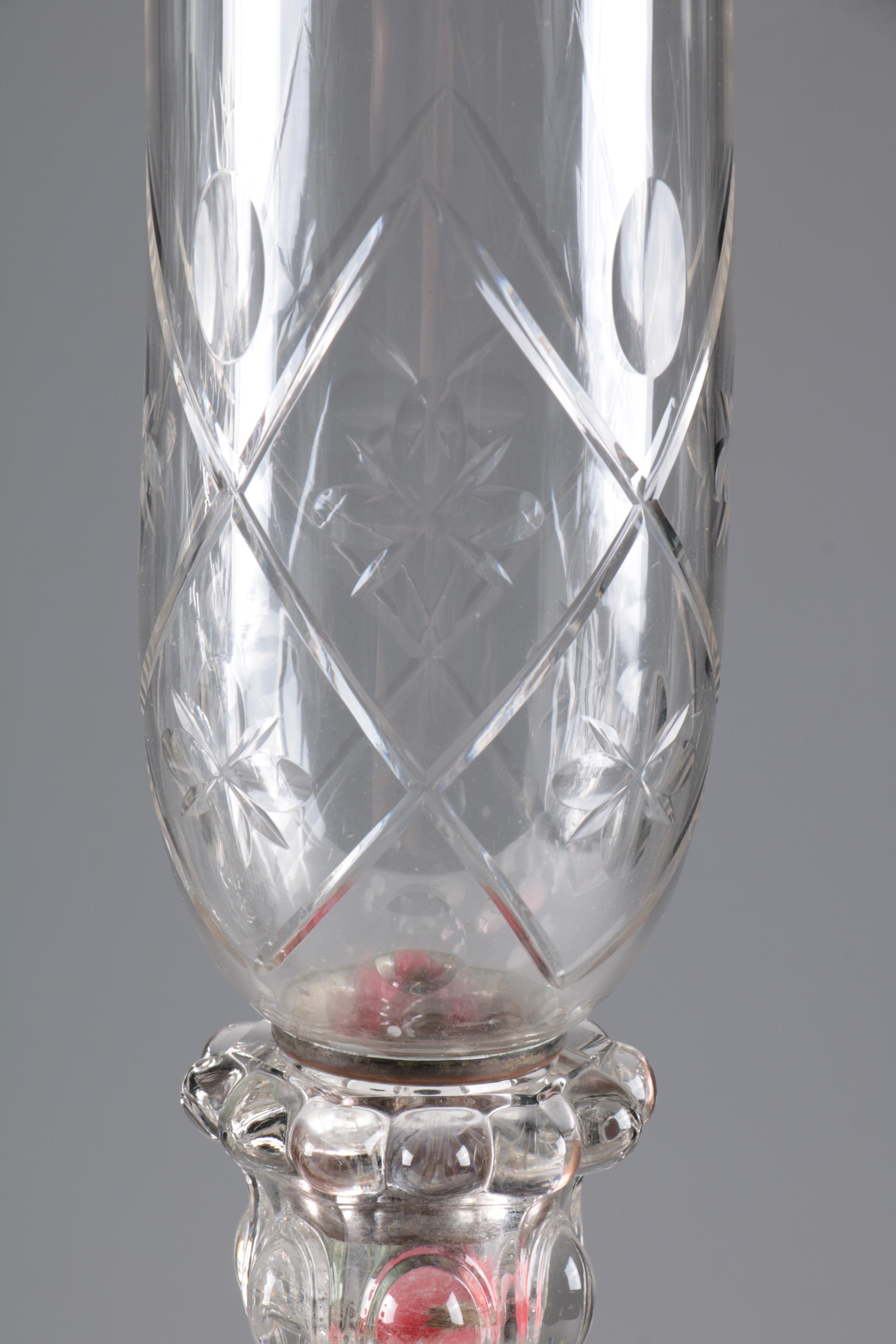 Pair of Victorian Glass Mantle Lusters with Cut Glass Hurricanes