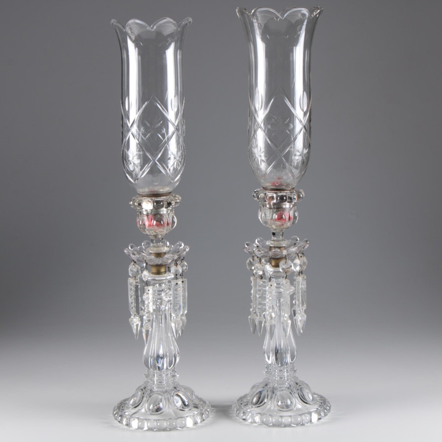 Pair of Victorian Glass Mantle Lusters with Cut Glass Hurricanes