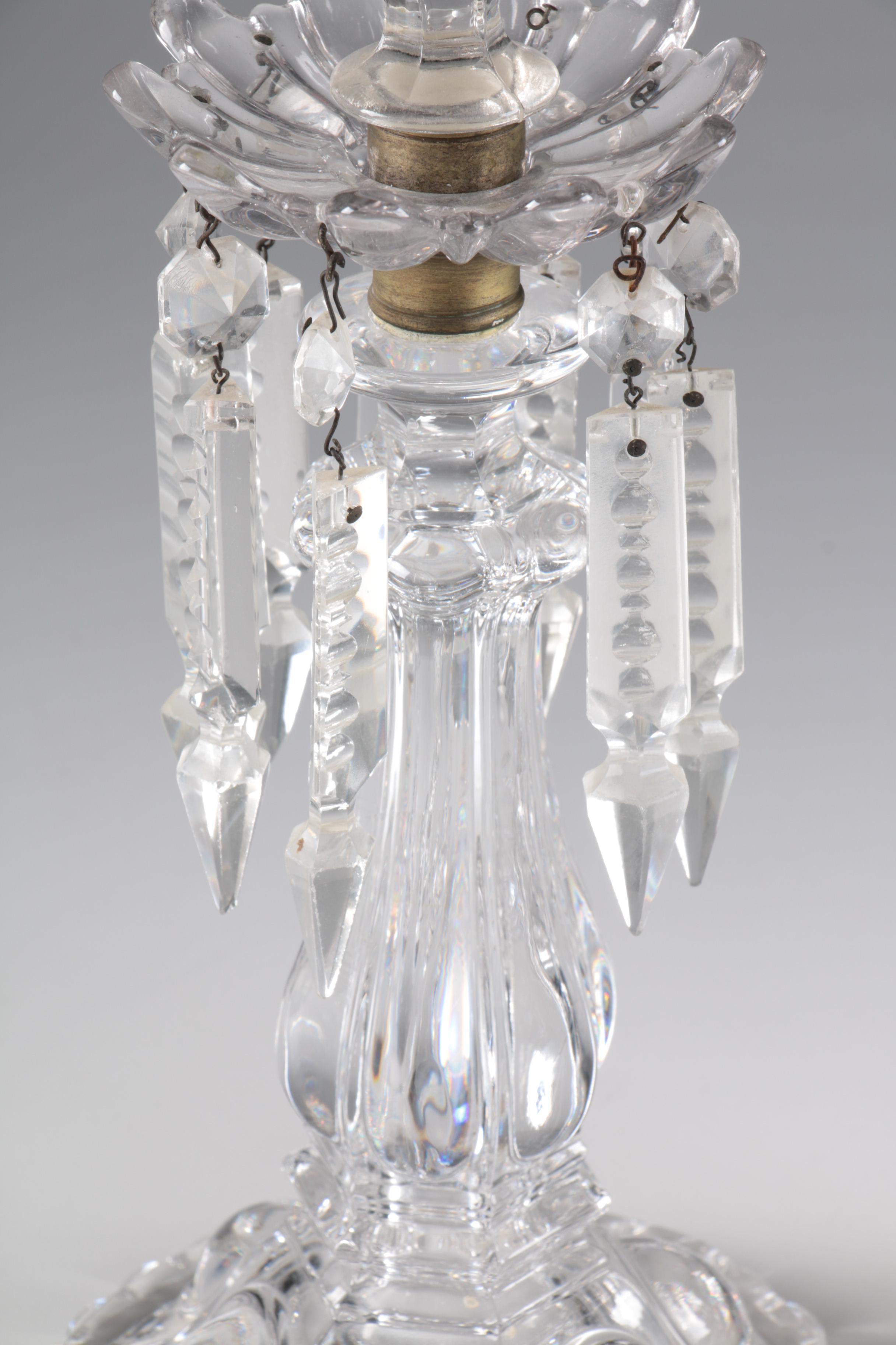 Pair of Victorian Glass Mantle Lusters with Cut Glass Hurricanes