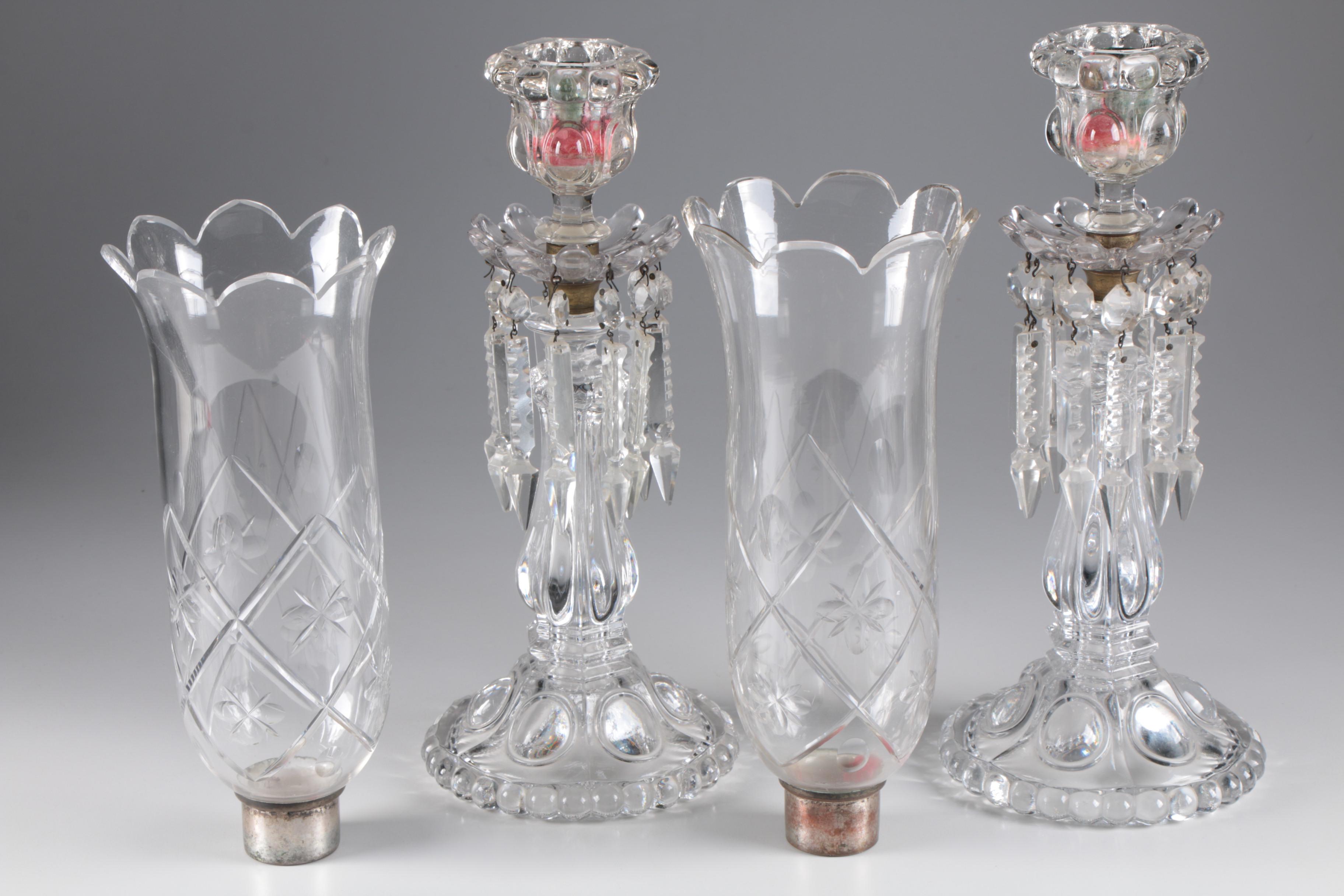 Pair of Victorian Glass Mantle Lusters with Cut Glass Hurricanes