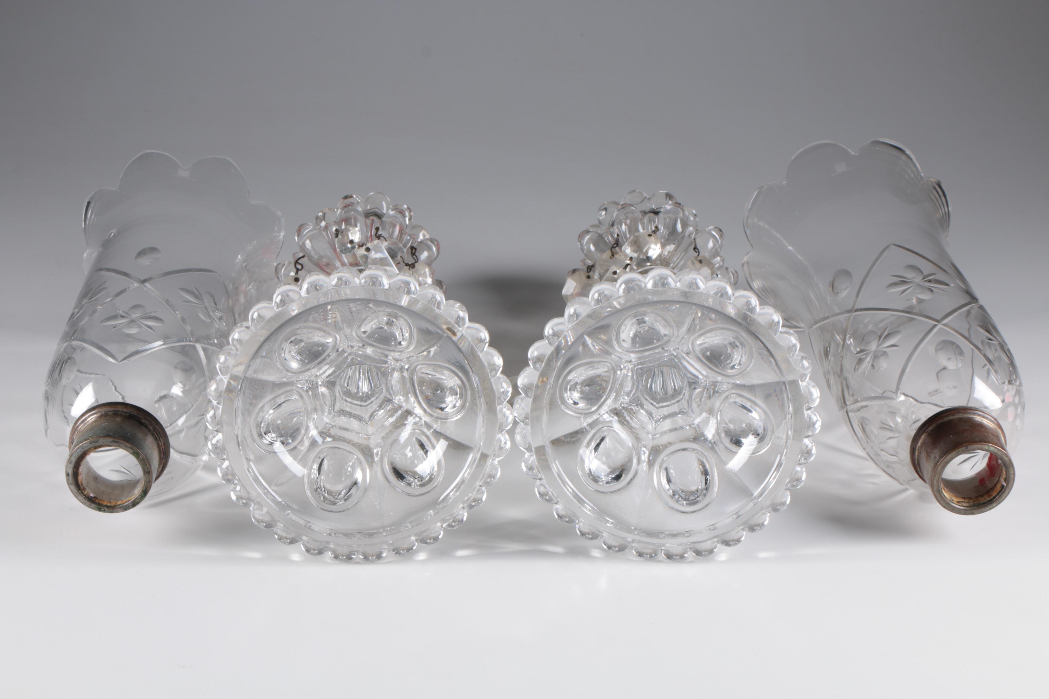 Pair of Victorian Glass Mantle Lusters with Cut Glass Hurricanes