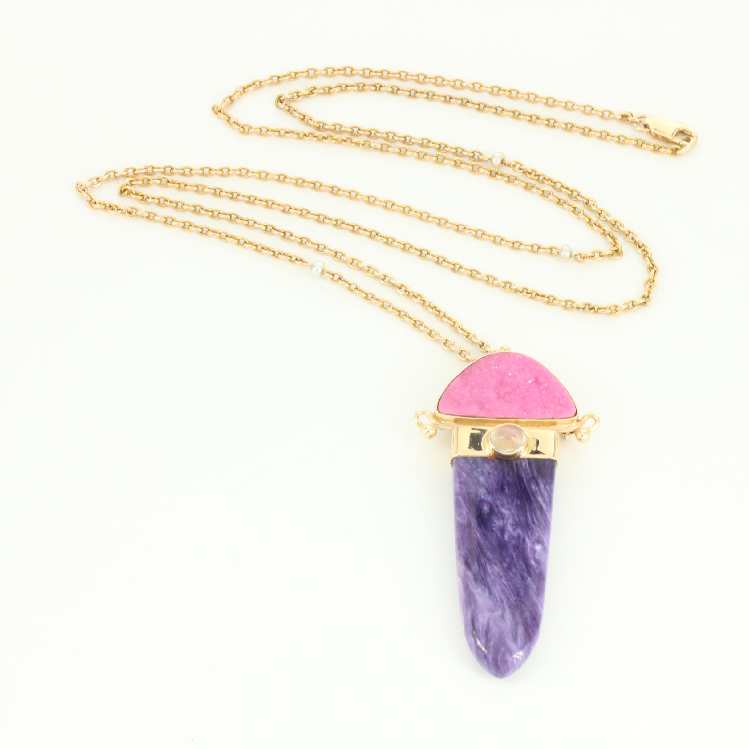 Sasa Blackoff 14K Yellow Gold Charoite, Labradorite, and Druzy Pendant Necklace