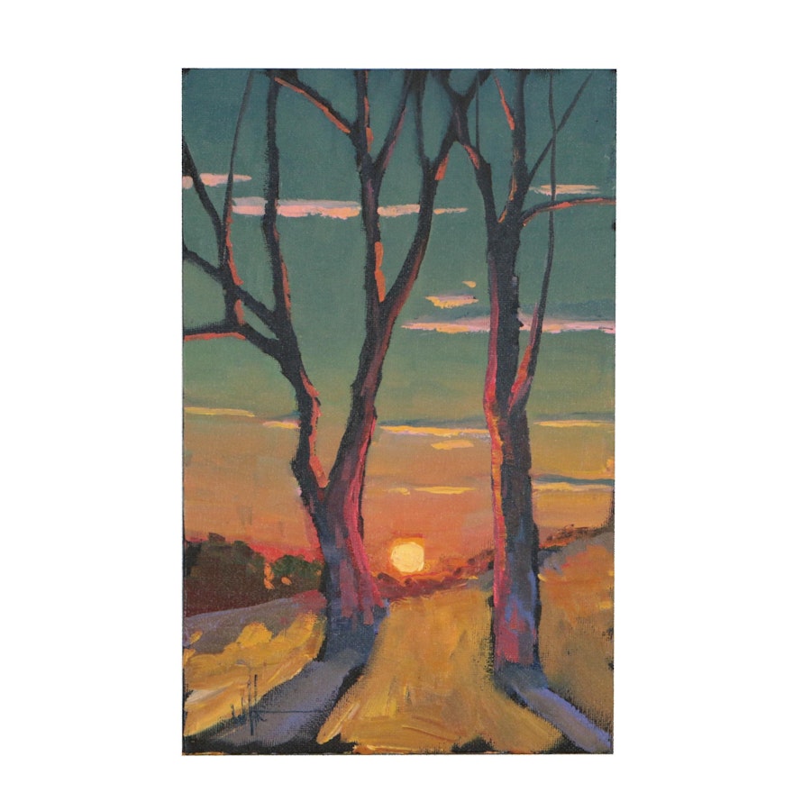 William Hawkins Landscape Oil Painting of Trees at Sunset