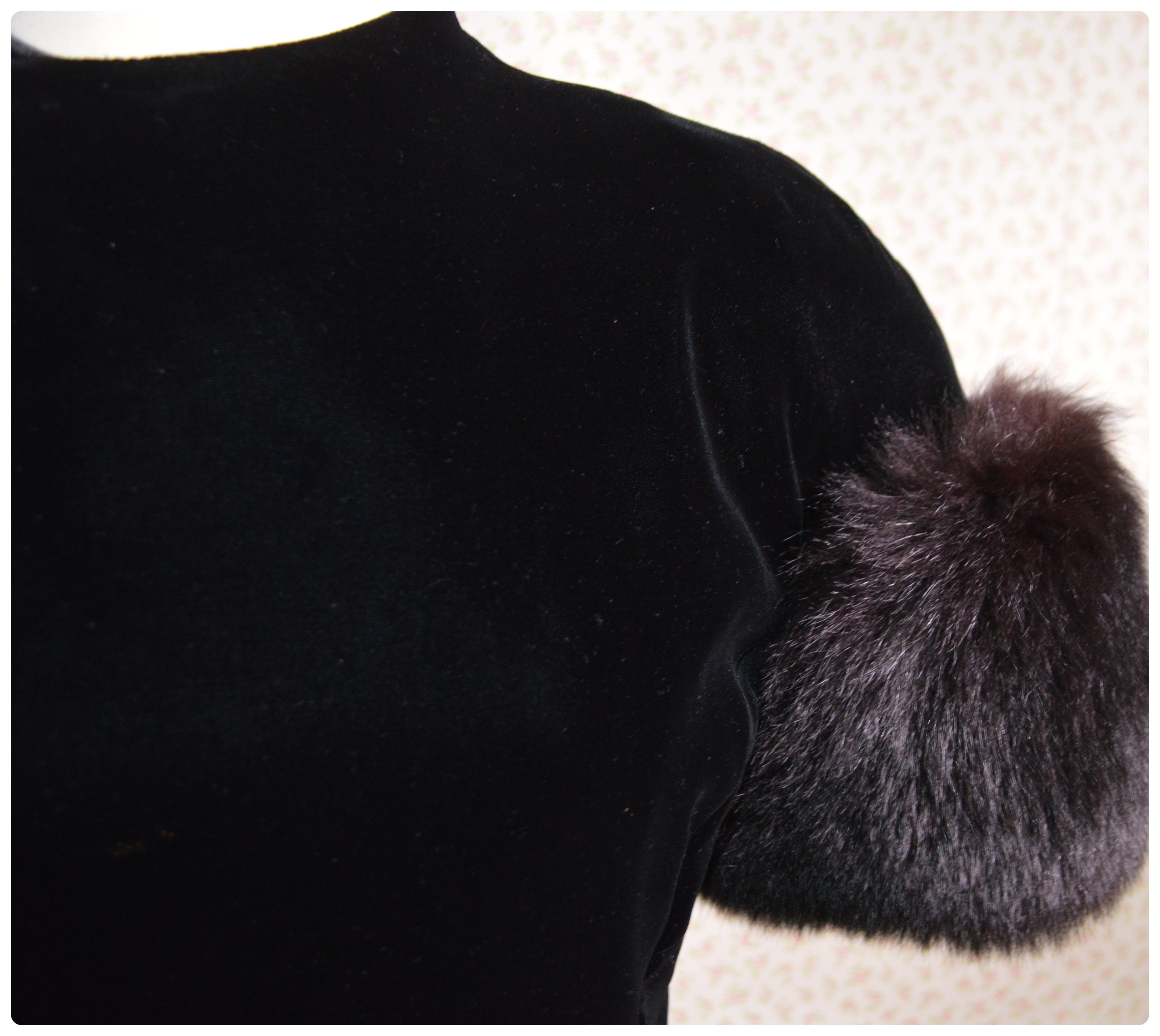 Christian Dior Black Velvet Cocktail Dress with Fox Fur Puff Sleeves, Vintage