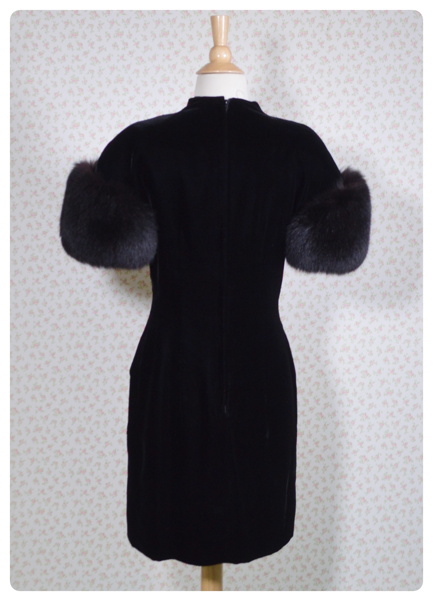 Christian Dior Black Velvet Cocktail Dress with Fox Fur Puff Sleeves, Vintage