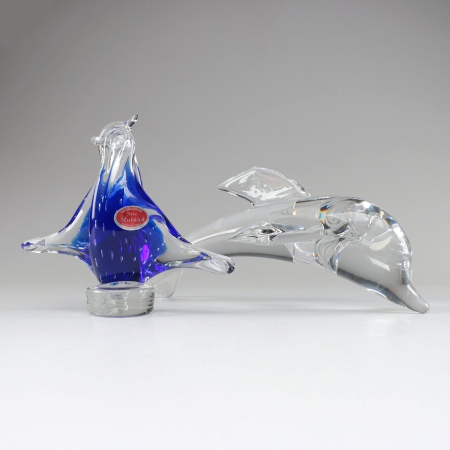 Murano Art Glass Bird Figurine and Crystal Dolphin Figurine