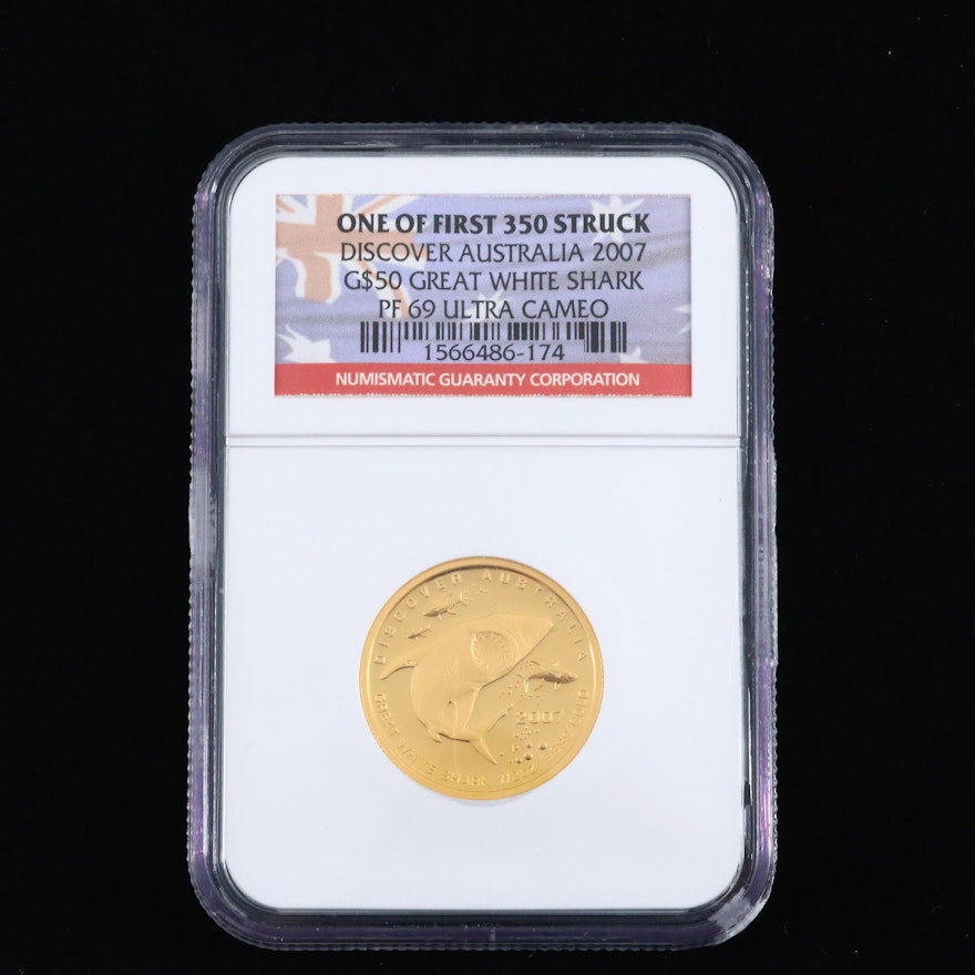 NGC graded PF69 Ultra Cameo 2007-P Australia Great White Shark Gold Coin