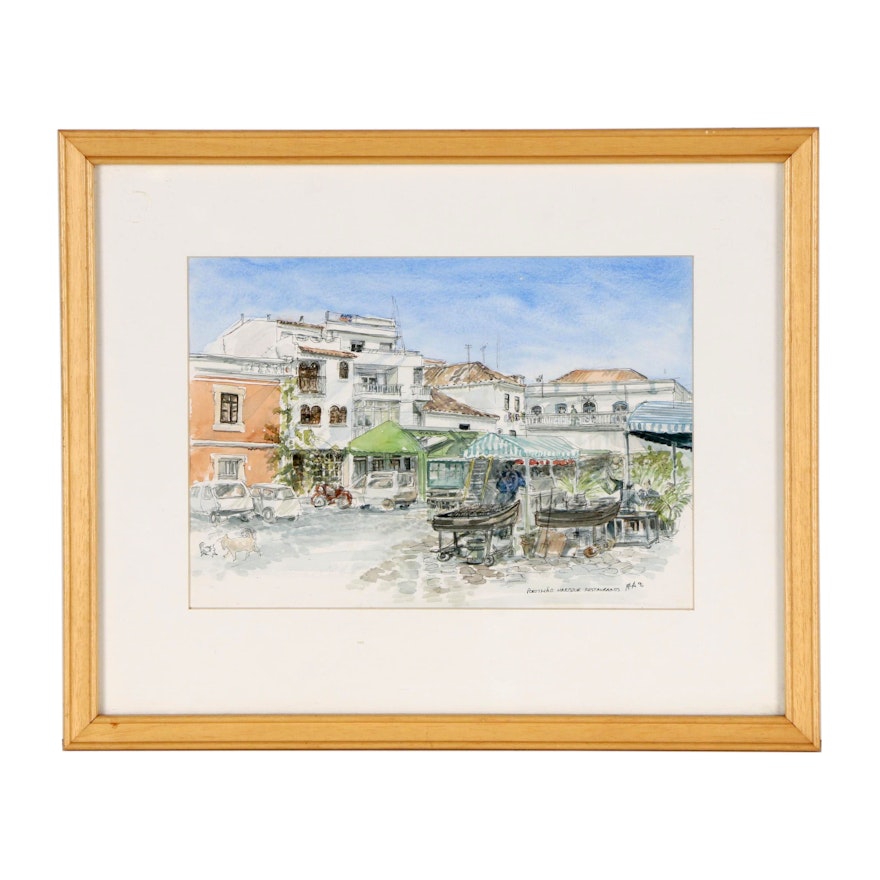 "Portimao Harbour Restaurants" Watercolor Painting