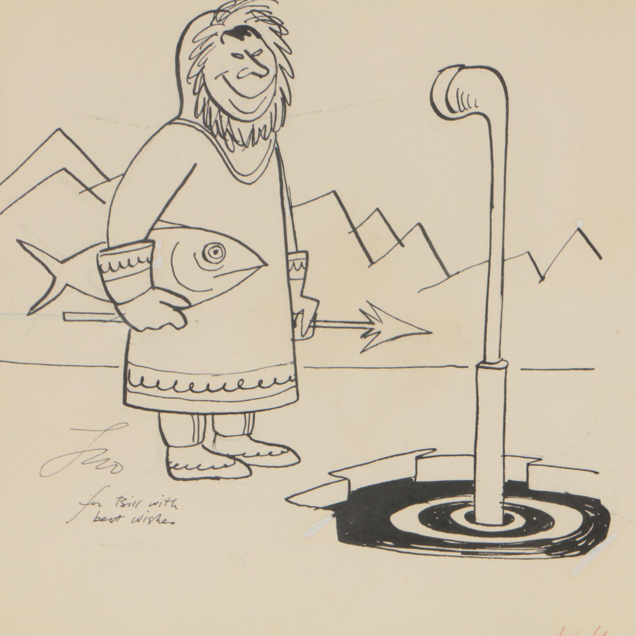 Leo Hershfield Satirical Ink Illustration "Arctic Character with Periscope"