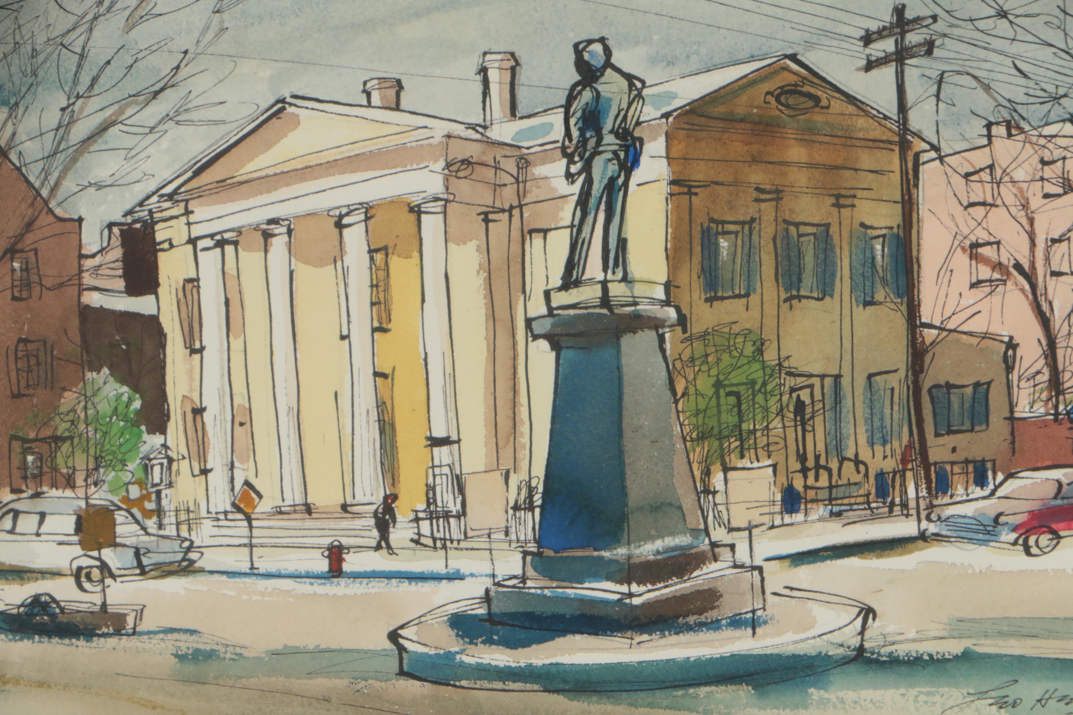 Leo Hirschfield Ink and Watercolor Painting "Washington and Prince Streets"