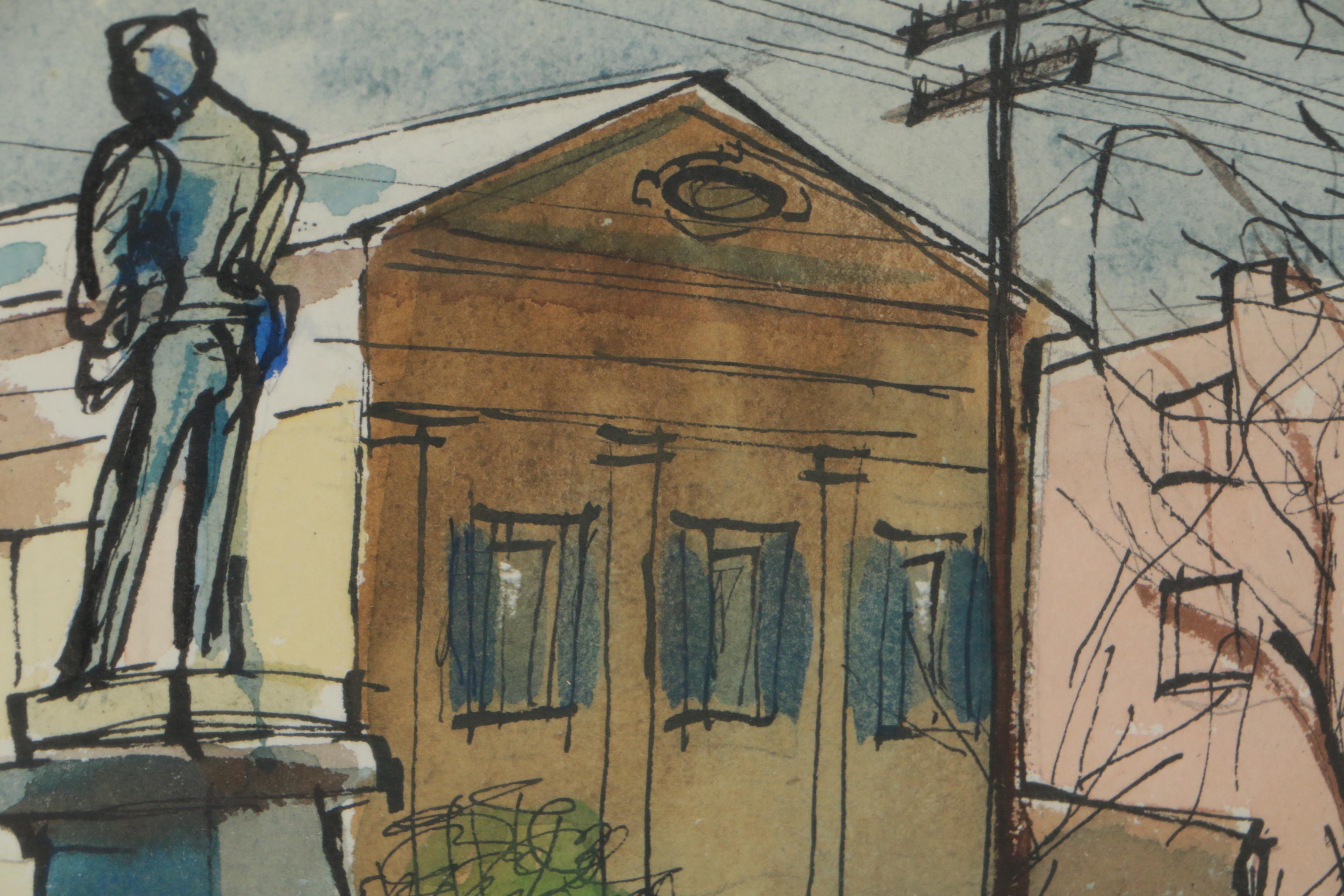 Leo Hirschfield Ink and Watercolor Painting "Washington and Prince Streets"