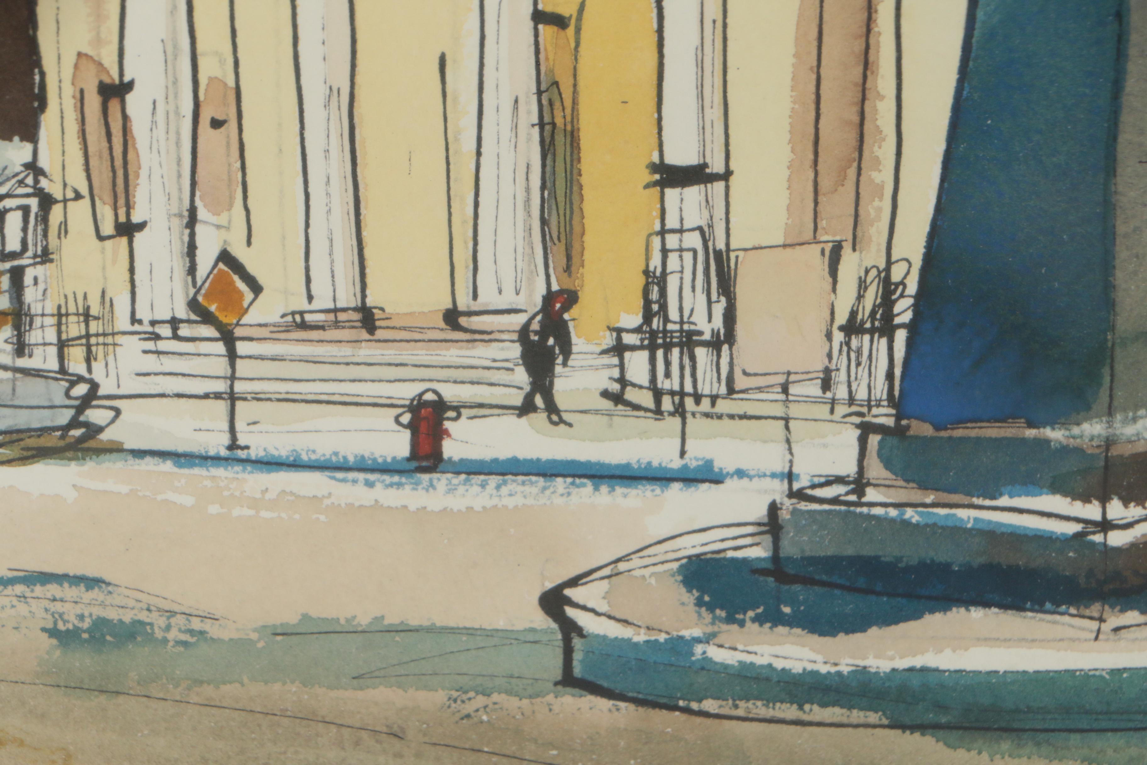 Leo Hirschfield Ink and Watercolor Painting "Washington and Prince Streets"