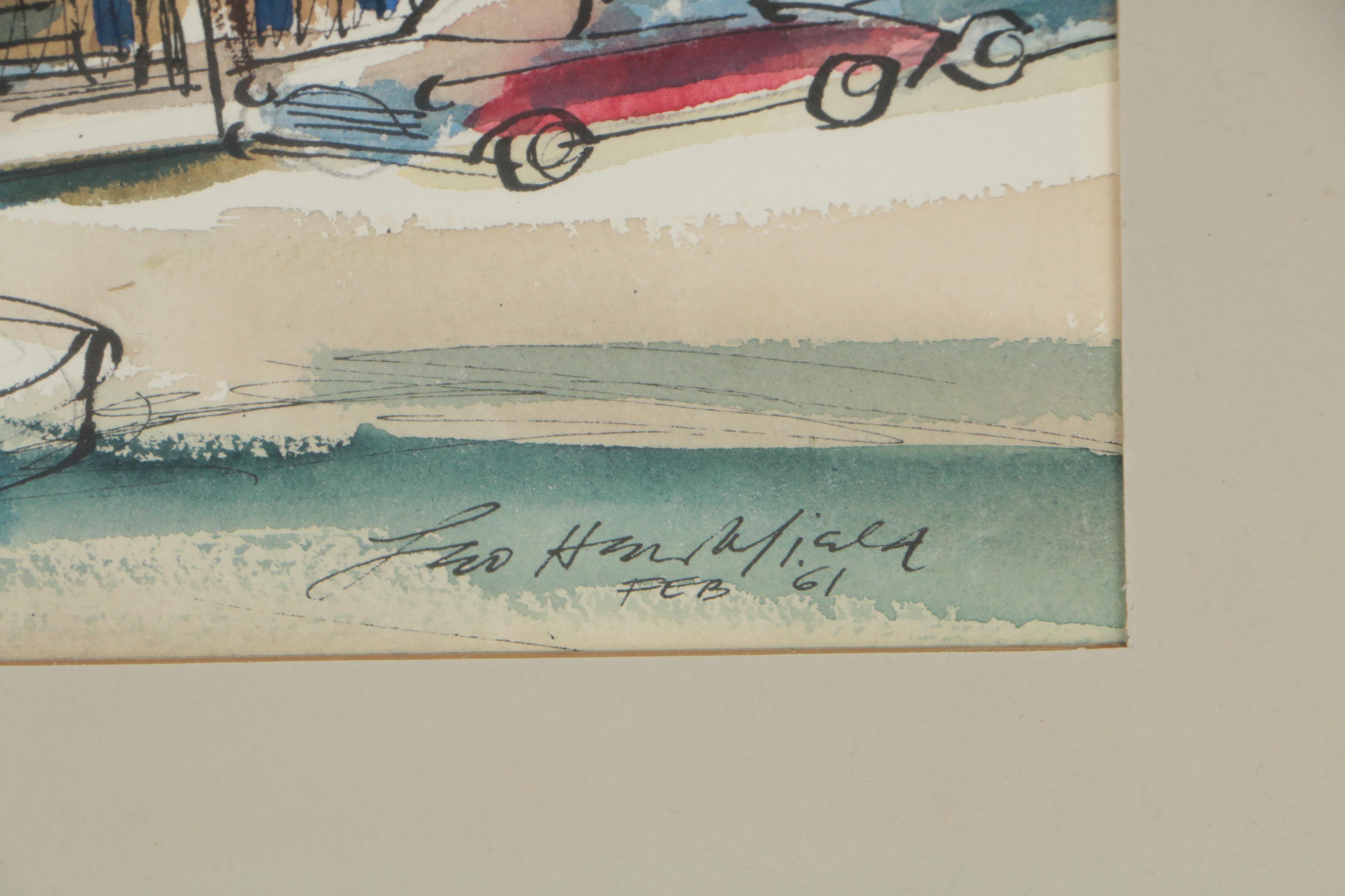 Leo Hirschfield Ink and Watercolor Painting "Washington and Prince Streets"