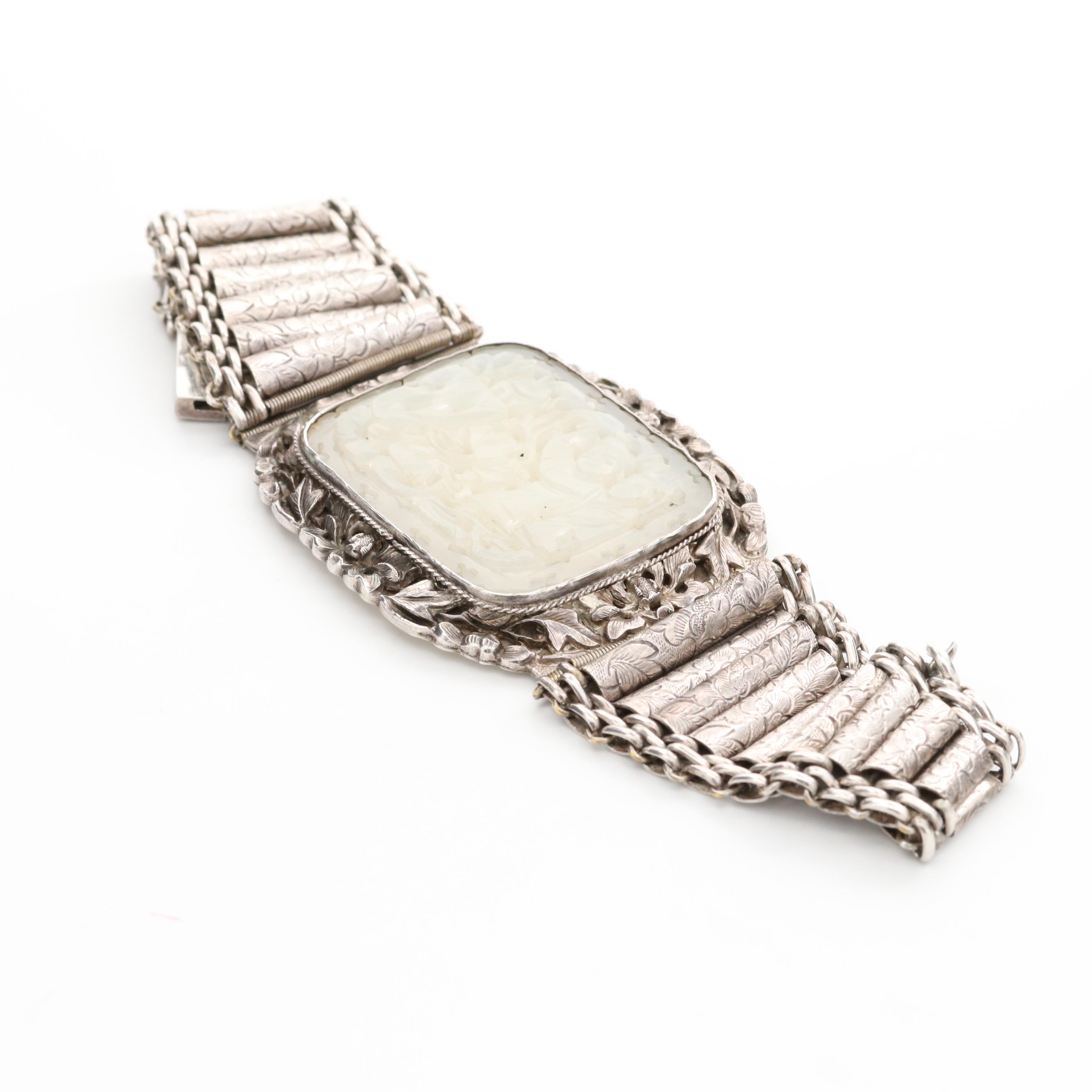 Vintage Sterling Silver Nephrite Bracelet