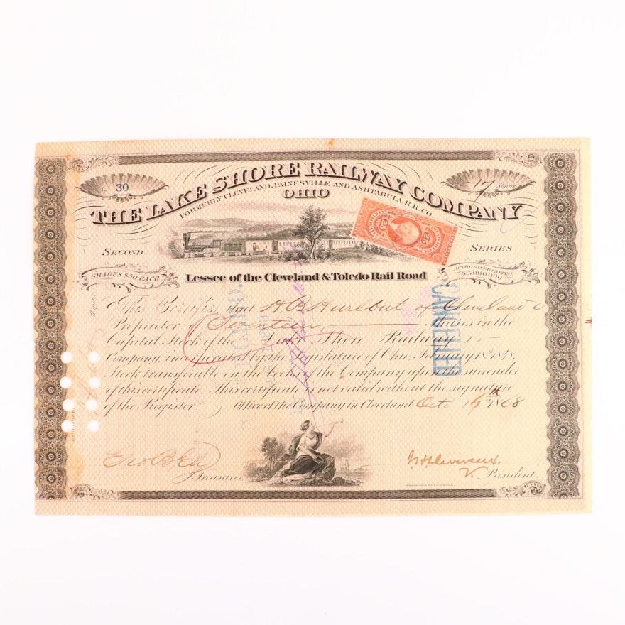 Lake Shore Railway Company Stock Certificate, 1868