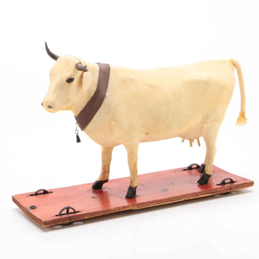 Molded Hide Cow Pull Toy, Antique