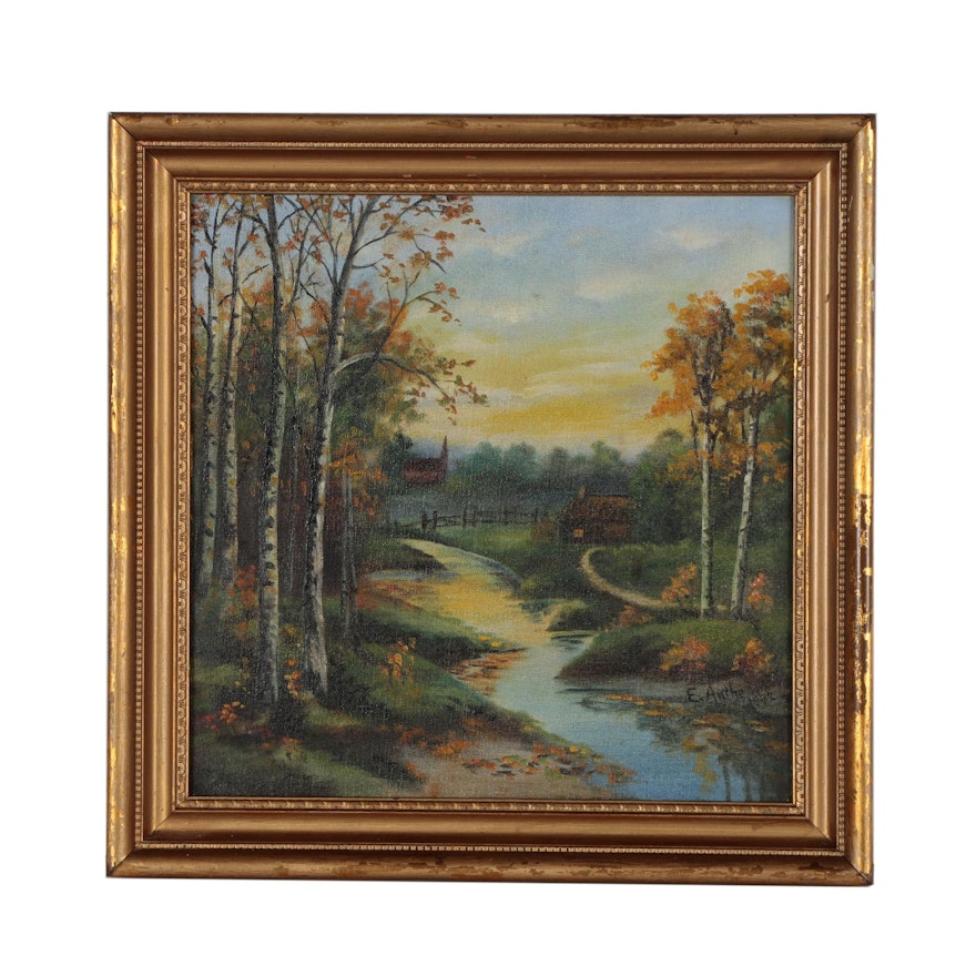 Landscape Oil Painting of River Scene, 1942