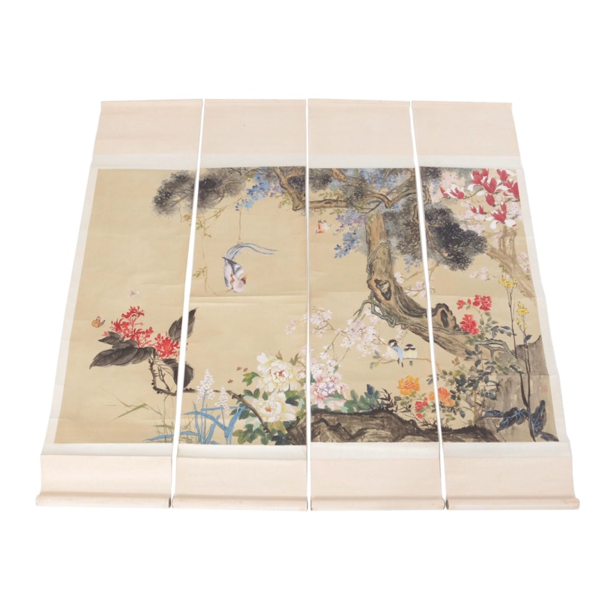 Chinese Landscape Quadtych Watercolor on Silk Painting