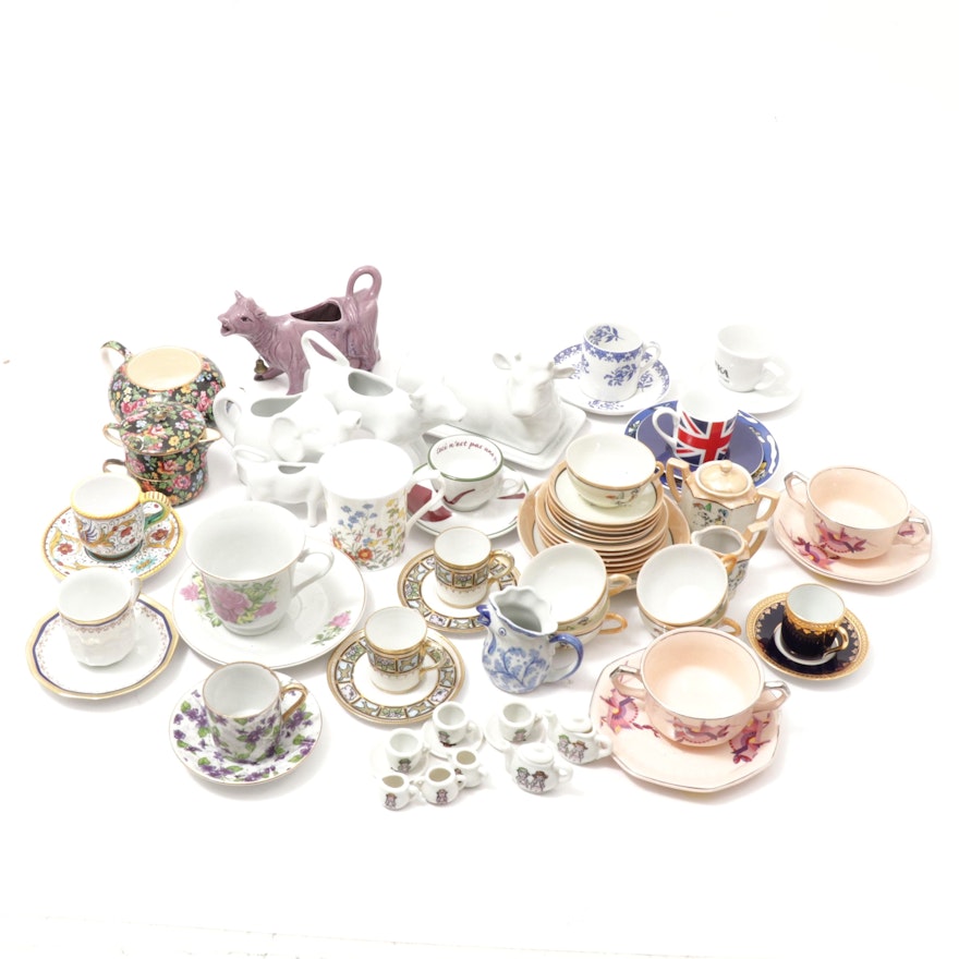 Hand-Painted Japanese and Other Porcelain Demitasse Cups, Saucers and Serveware