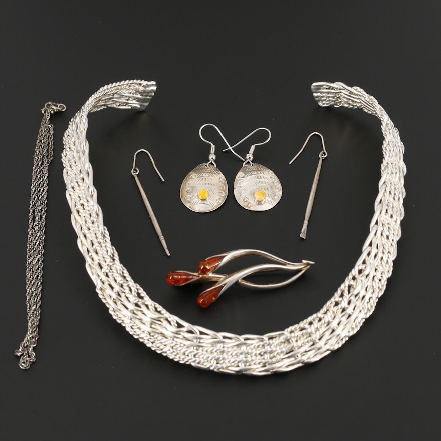 Sterling Silver Earring, Brooch, and Necklaces with Amber and Spiny Oyster