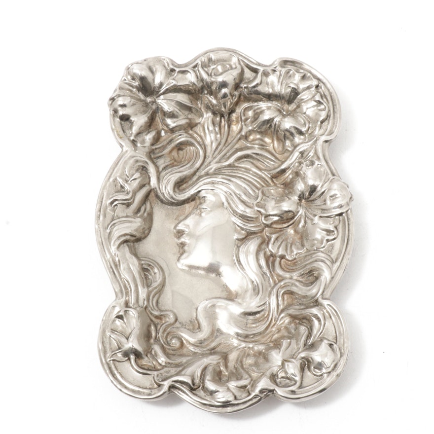 Art Nouveau Embossed Woman Silver Plate Pin Tray, Early to Mid 20th Century