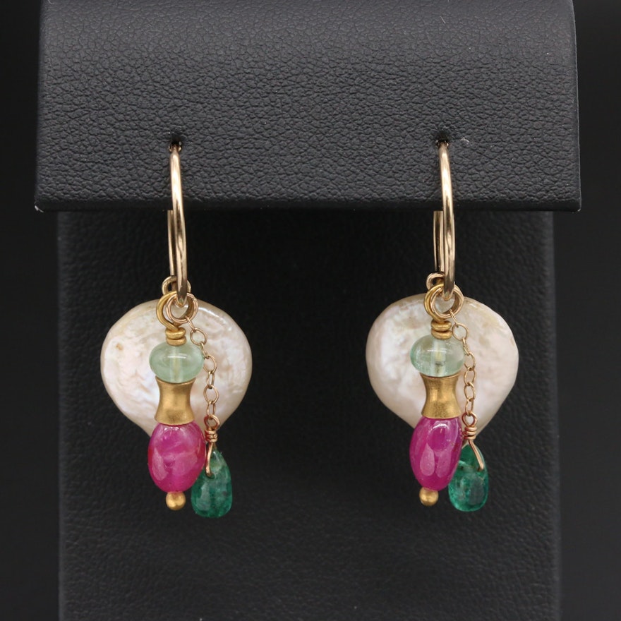 14K Yellow Gold Cultured Pearl, Emerald, and Ruby Dangle Earrings