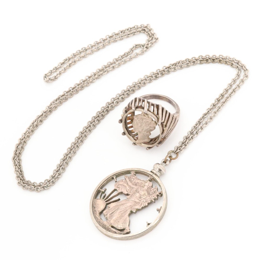Sterling Silver Mercury Dime Ring with Walking Liberty Pendant Necklace
