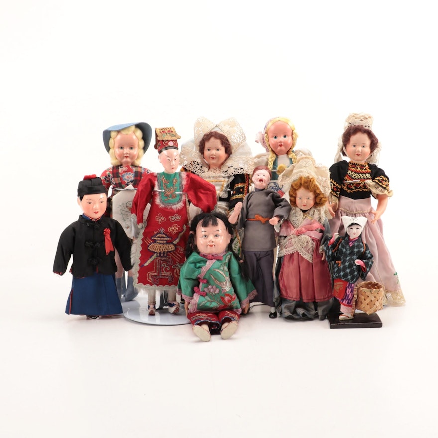 Chinese and Polish Composition and Cloth Dolls and Other Souvenir Dolls, Vintage